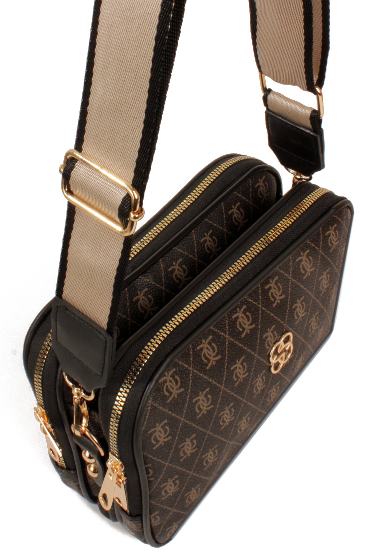 LWE1810-SyhTalhaLuwwe Bag'sKadın İki Bölmeli Çift Yön Fermuarlı Kapama Desenli Deri Dokuma Kolon Askılı Omuz Çantası (1810)