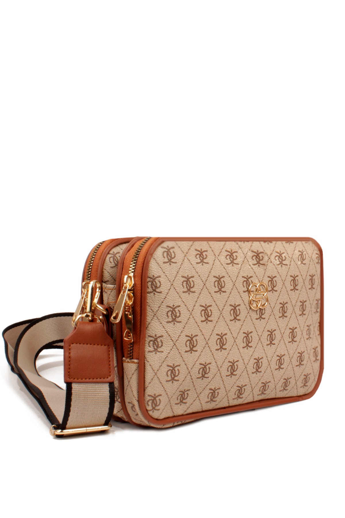 LWE1810-SyhTalhaLuwwe Bag'sKadın İki Bölmeli Çift Yön Fermuarlı Kapama Desenli Deri Dokuma Kolon Askılı Omuz Çantası (1810)