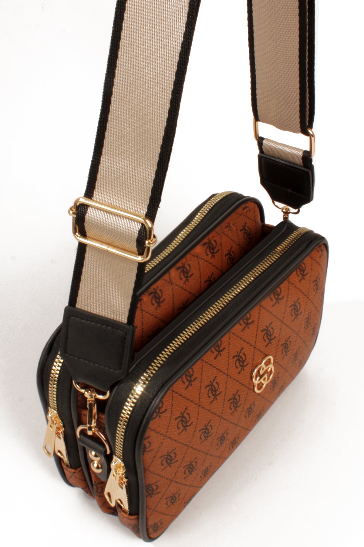 LWE1810-SyhTalhaLuwwe Bag'sKadın İki Bölmeli Çift Yön Fermuarlı Kapama Desenli Deri Dokuma Kolon Askılı Omuz Çantası (1810)