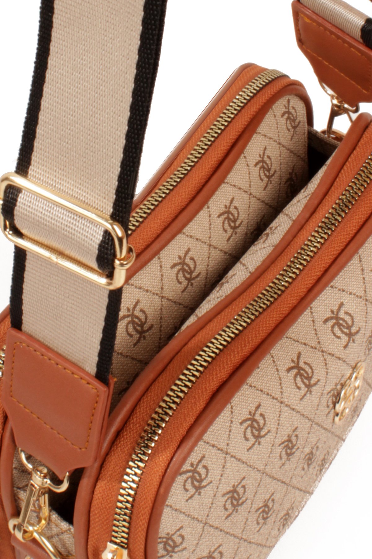 LWE1810-SyhTalhaLuwwe Bag'sKadın İki Bölmeli Çift Yön Fermuarlı Kapama Desenli Deri Dokuma Kolon Askılı Omuz Çantası (1810)