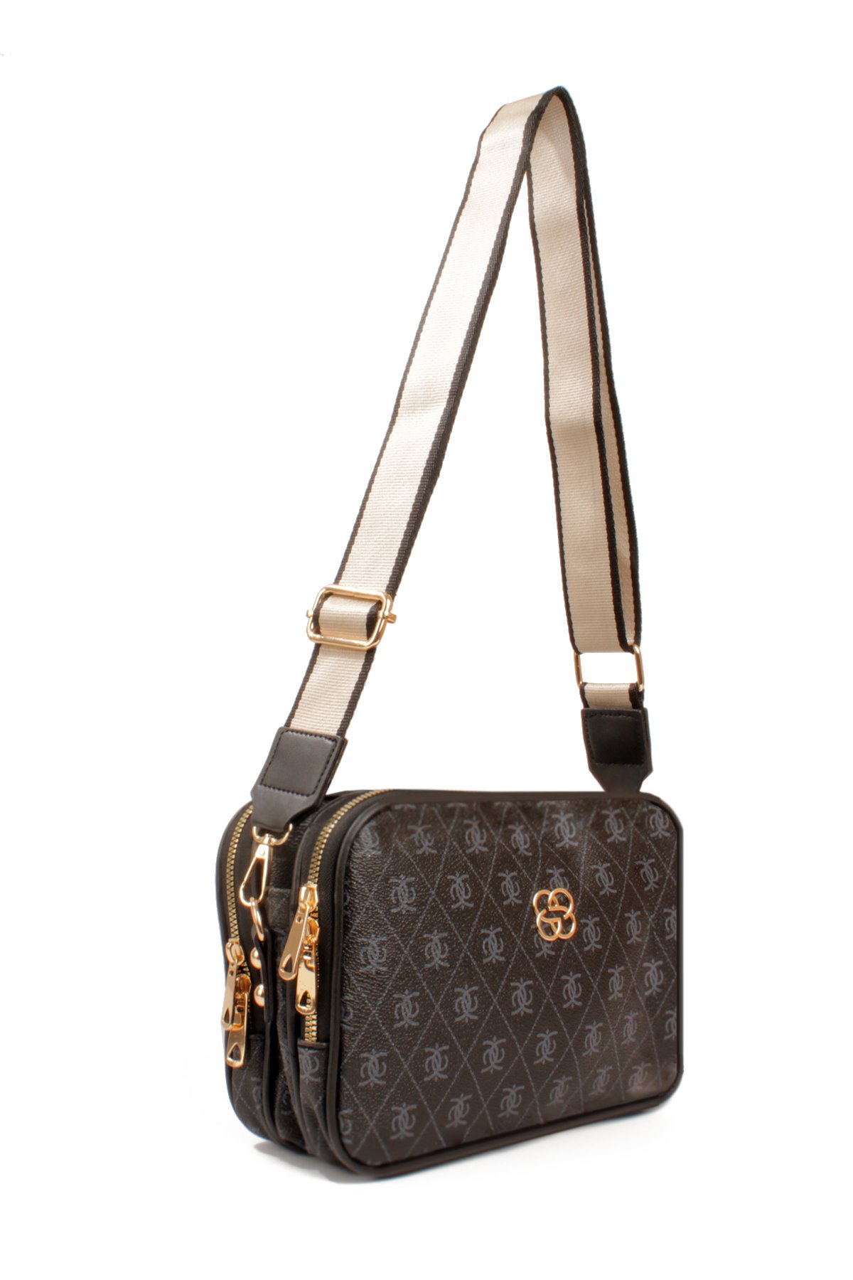 LWE1810-SyhTalhaLuwwe Bag'sKadın İki Bölmeli Çift Yön Fermuarlı Kapama Desenli Deri Dokuma Kolon Askılı Omuz Çantası (1810)