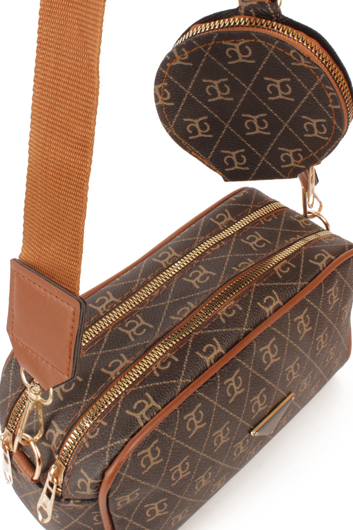 LWE1845-SyhTalhaLuwwe Bag'sKadın İki Bölmeli Desenli Deri Pramit Logolu Dokuma Kolon Askılı Omuz Çantası (1845)