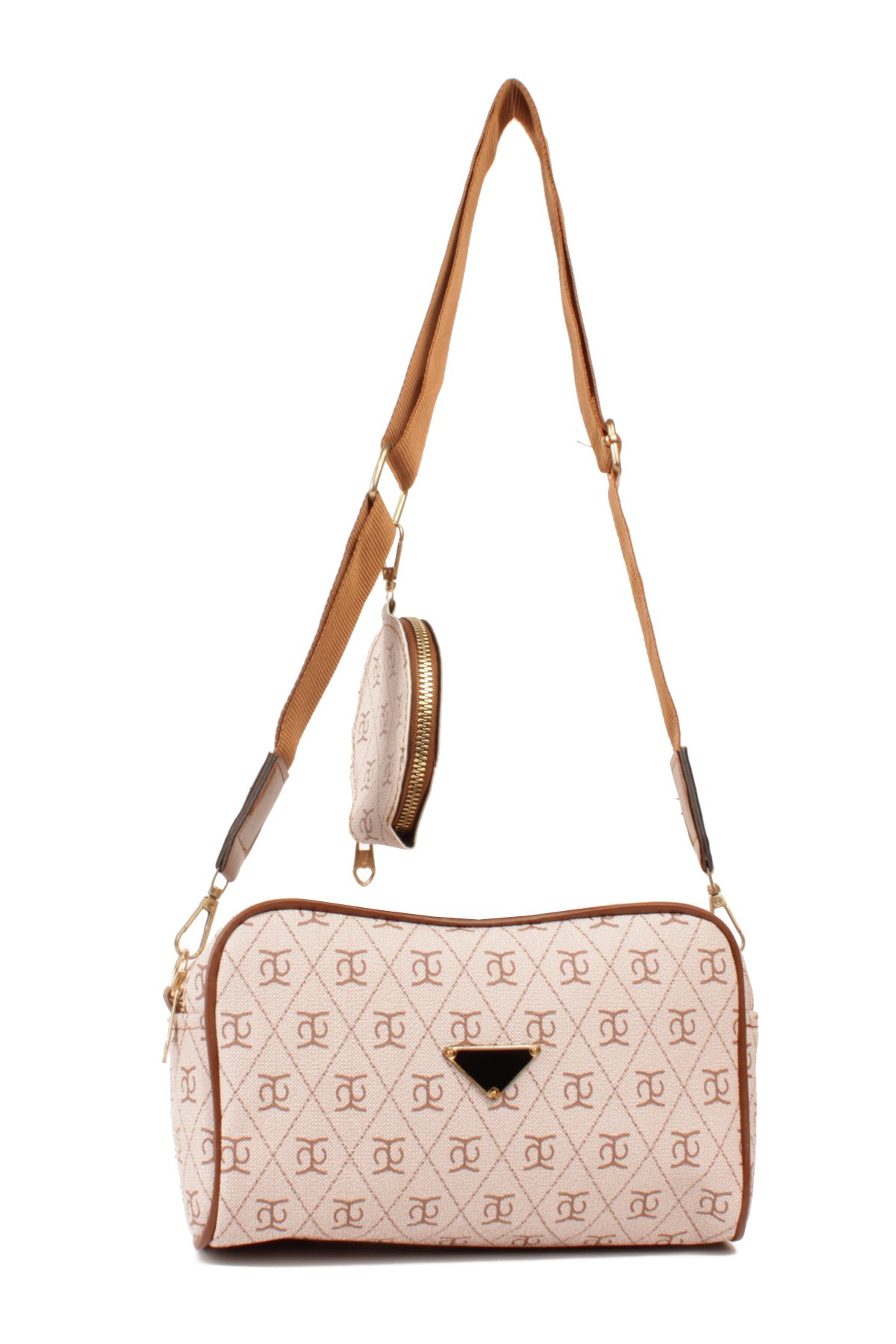 LWE1845-SyhTalhaLuwwe Bag'sKadın İki Bölmeli Desenli Deri Pramit Logolu Dokuma Kolon Askılı Omuz Çantası (1845)