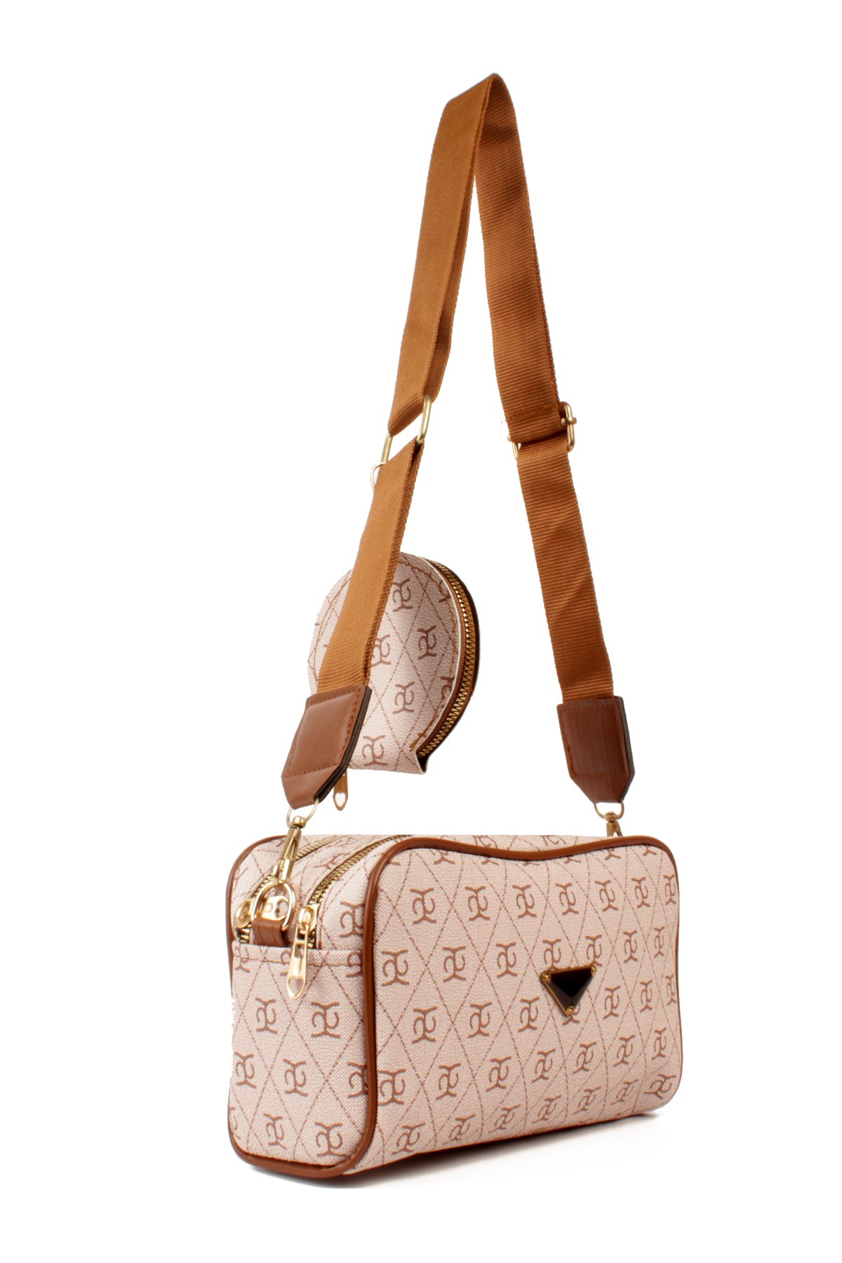 LWE1845-SyhTalhaLuwwe Bag'sKadın İki Bölmeli Desenli Deri Pramit Logolu Dokuma Kolon Askılı Omuz Çantası (1845)