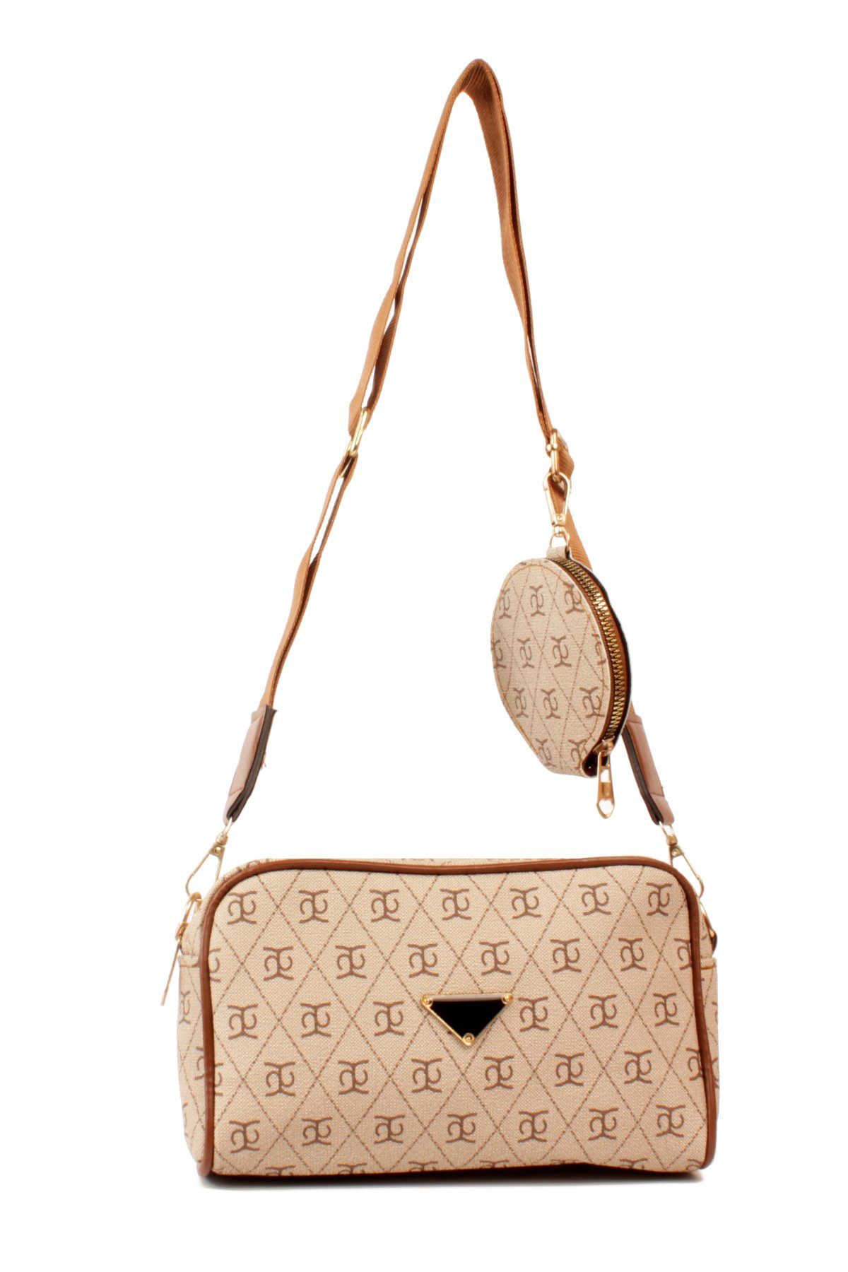 LWE1845-SyhTalhaLuwwe Bag'sKadın İki Bölmeli Desenli Deri Pramit Logolu Dokuma Kolon Askılı Omuz Çantası (1845)