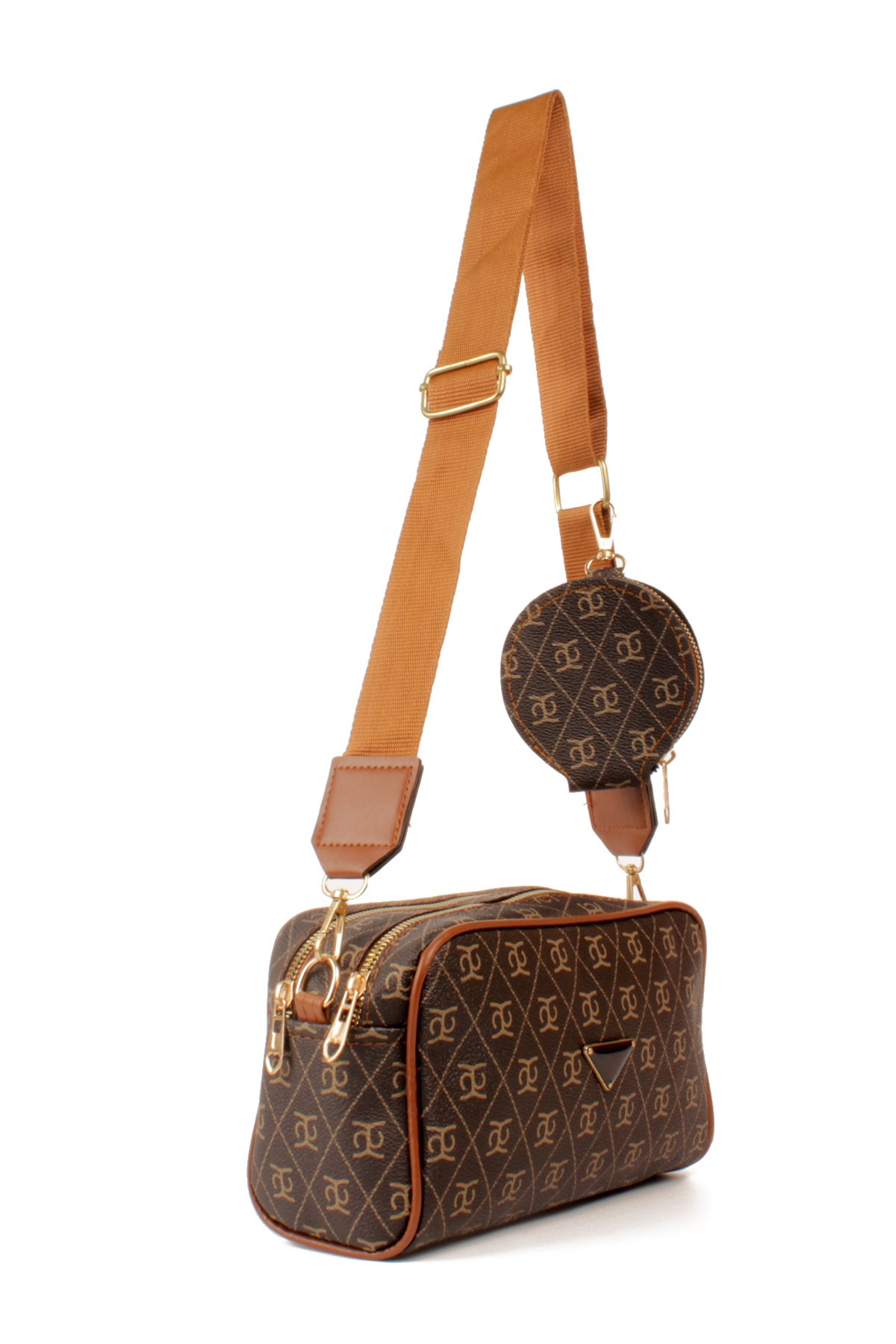 LWE1845-SyhTalhaLuwwe Bag'sKadın İki Bölmeli Desenli Deri Pramit Logolu Dokuma Kolon Askılı Omuz Çantası (1845)