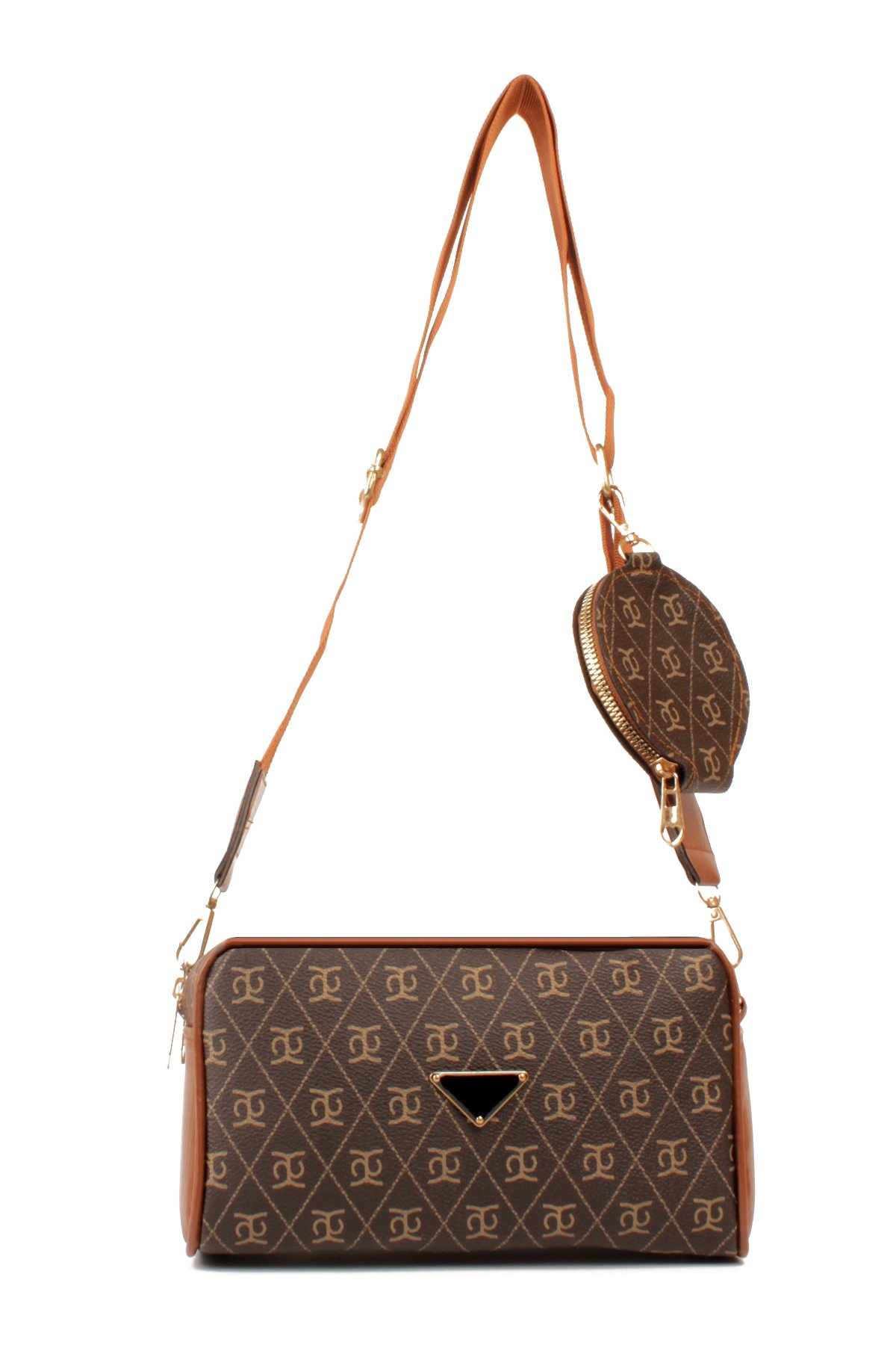 LWE1845-SyhTalhaLuwwe Bag'sKadın İki Bölmeli Desenli Deri Pramit Logolu Dokuma Kolon Askılı Omuz Çantası (1845)