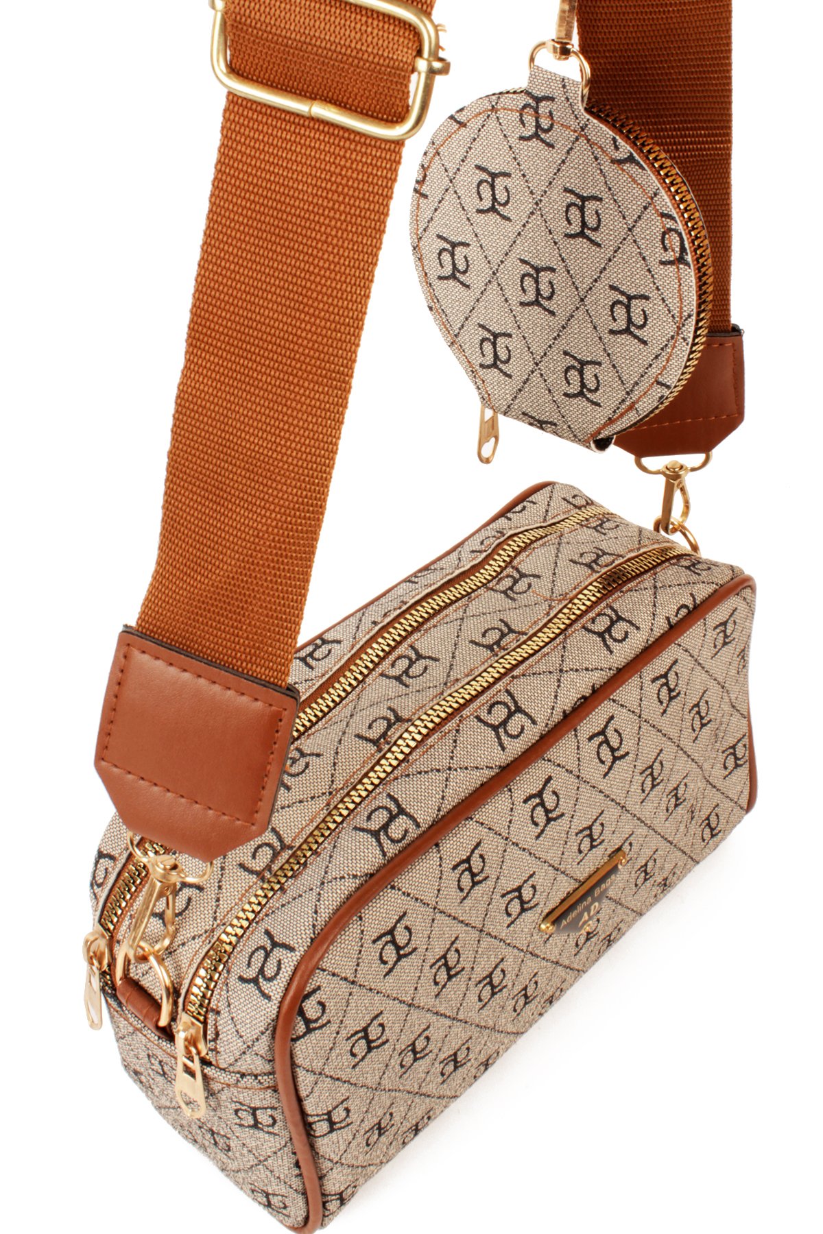 LWE1845-SyhTalhaLuwwe Bag'sKadın İki Bölmeli Desenli Deri Pramit Logolu Dokuma Kolon Askılı Omuz Çantası (1845)