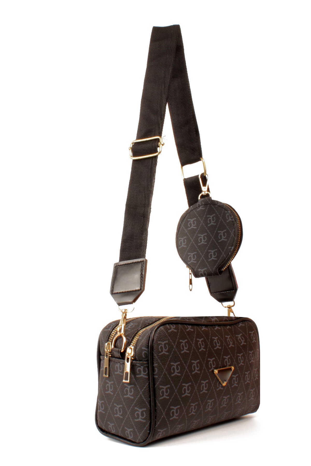 LWE1845-SyhTalhaLuwwe Bag'sKadın İki Bölmeli Desenli Deri Pramit Logolu Dokuma Kolon Askılı Omuz Çantası (1845)