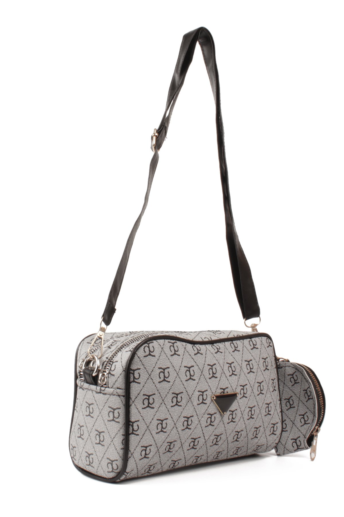 LWE1845-SyhTalhaLuwwe Bag'sKadın İki Bölmeli Desenli Deri Pramit Logolu Dokuma Kolon Askılı Omuz Çantası (1845)