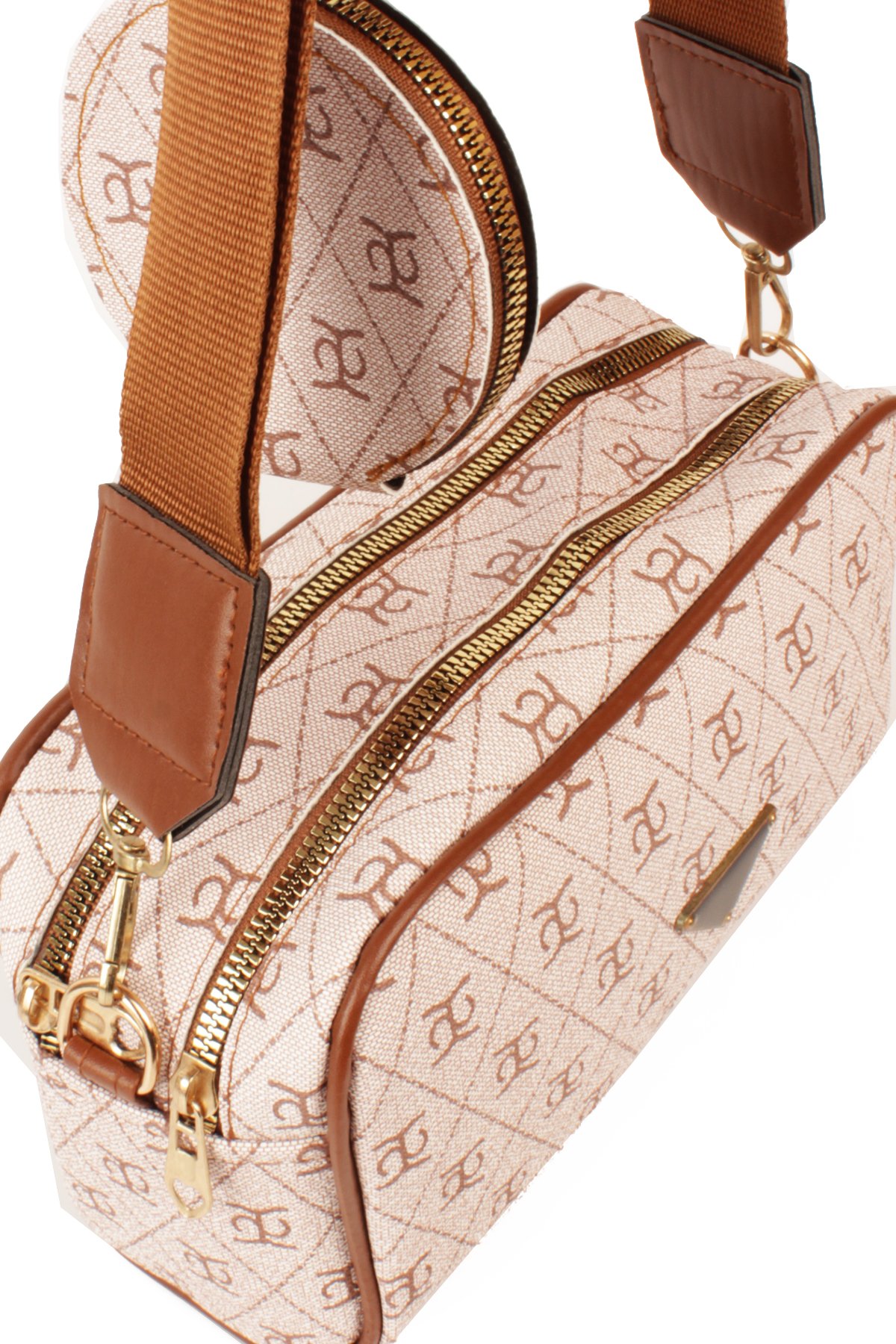 LWE1845-SyhTalhaLuwwe Bag'sKadın İki Bölmeli Desenli Deri Pramit Logolu Dokuma Kolon Askılı Omuz Çantası (1845)