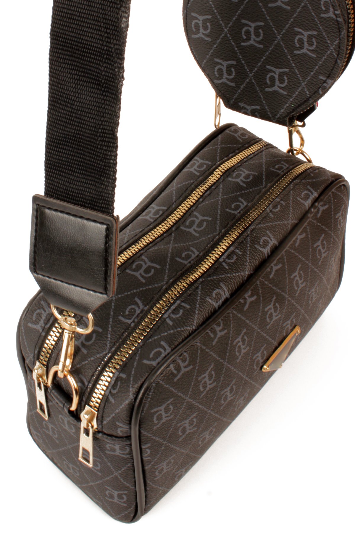 LWE1845-SyhTalhaLuwwe Bag'sKadın İki Bölmeli Desenli Deri Pramit Logolu Dokuma Kolon Askılı Omuz Çantası (1845)