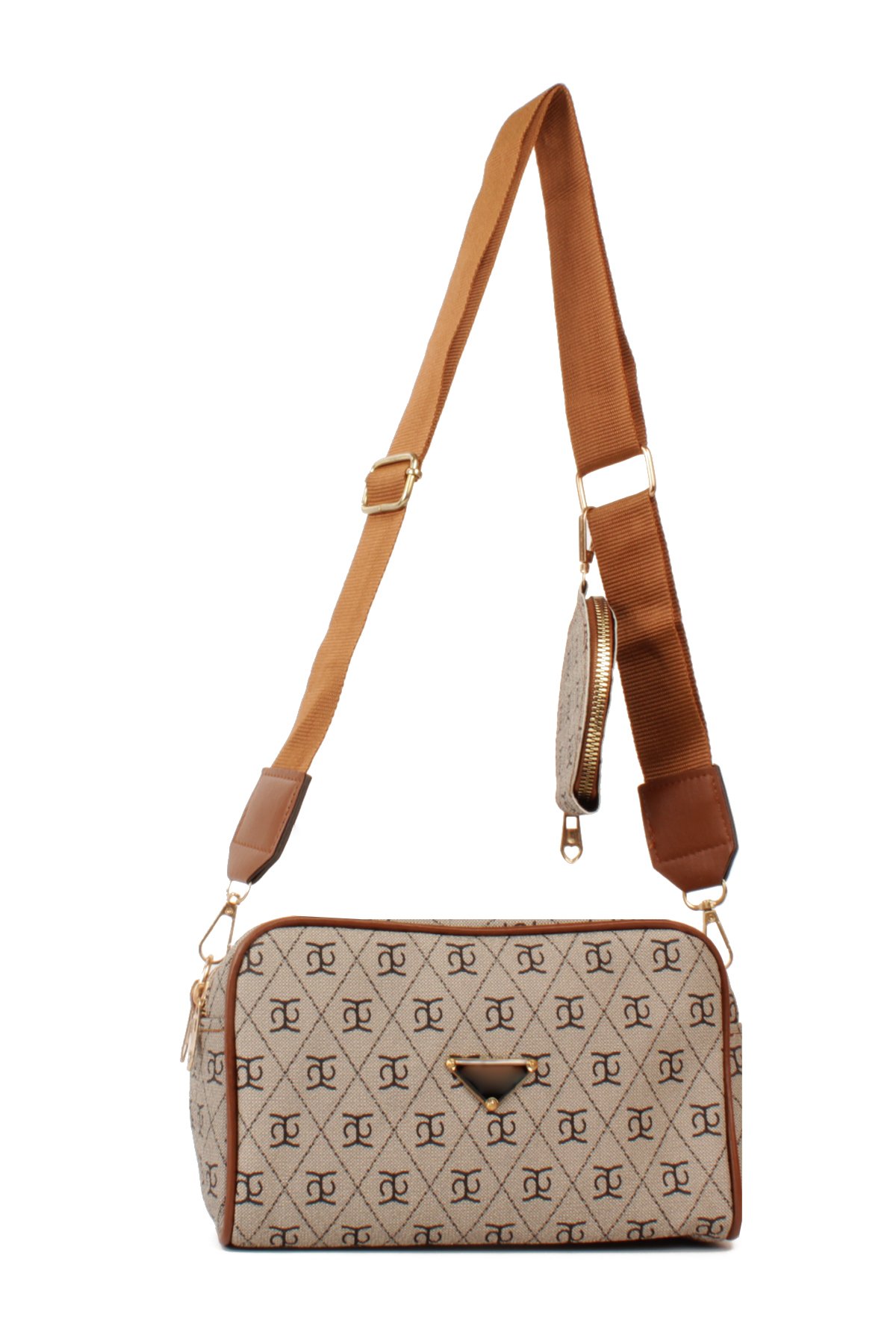 LWE1845-SyhTalhaLuwwe Bag'sKadın İki Bölmeli Desenli Deri Pramit Logolu Dokuma Kolon Askılı Omuz Çantası (1845)