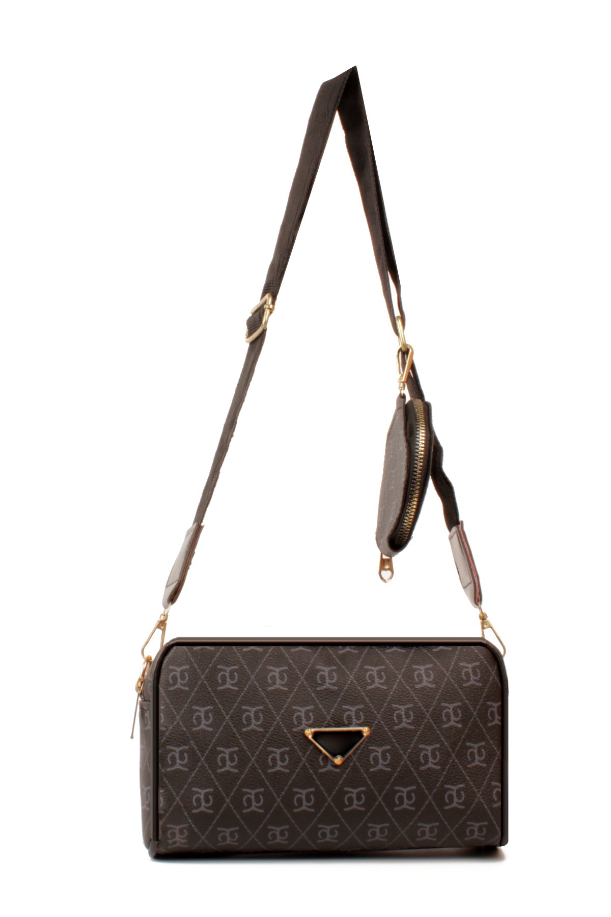 LWE1845-SyhTalhaLuwwe Bag'sKadın İki Bölmeli Desenli Deri Pramit Logolu Dokuma Kolon Askılı Omuz Çantası (1845)