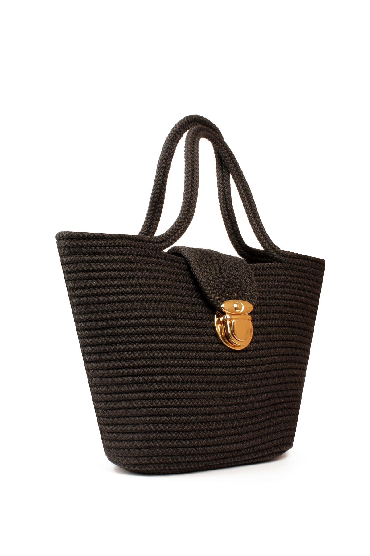 LWE1819-SyhMaviLuwwe Bag'sKadın Kilitli Kapak Orta Boy Dokuma Hasır Günlük ve Plaj Kol Çantası (1819)