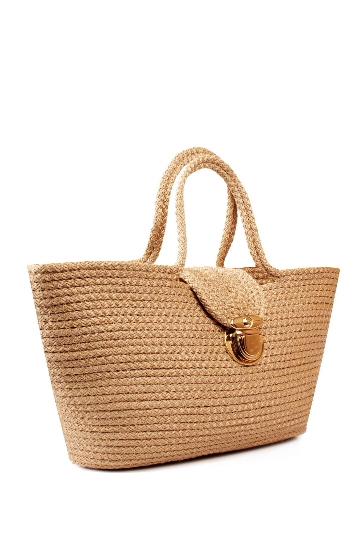 LWE1819-SyhMaviLuwwe Bag'sKadın Kilitli Kapak Orta Boy Dokuma Hasır Günlük ve Plaj Kol Çantası (1819)