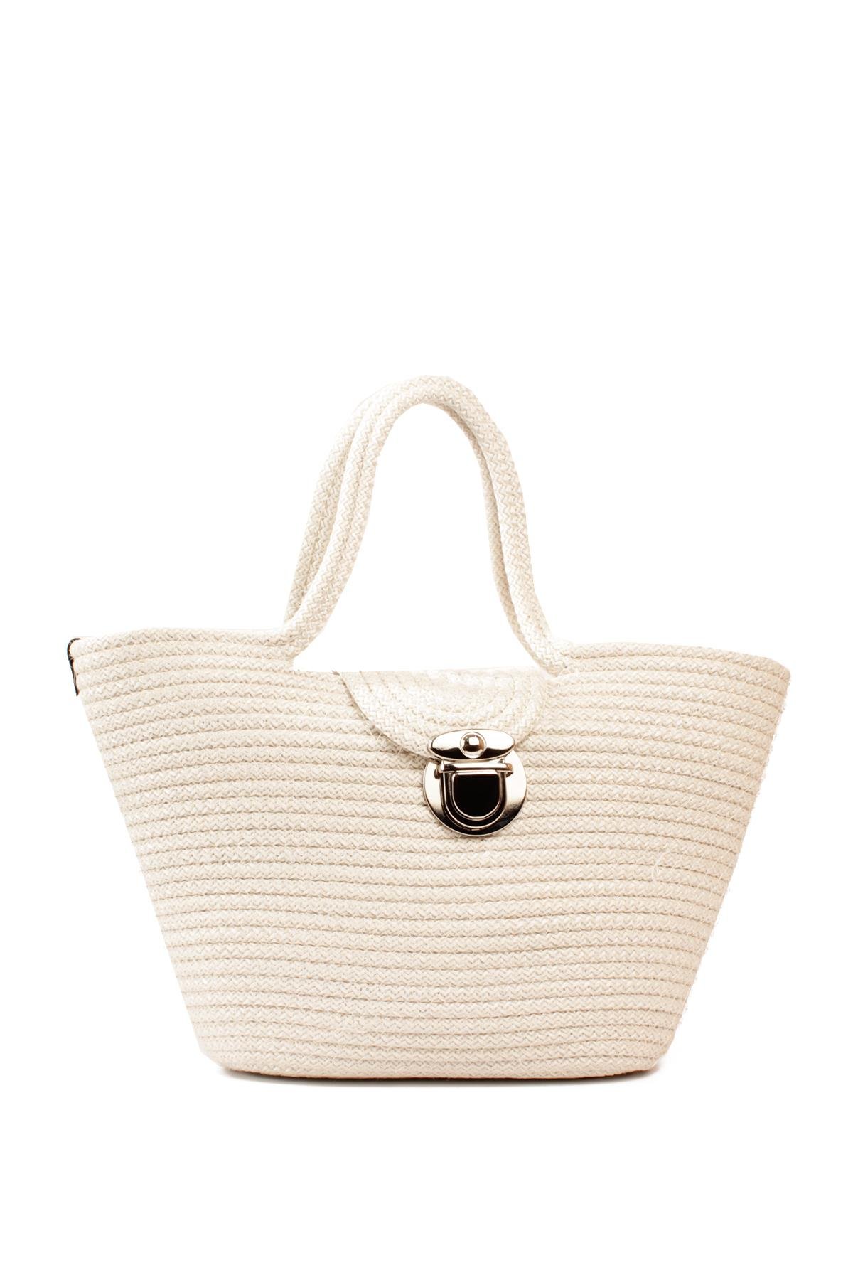 LWE1819-SyhMaviLuwwe Bag'sKadın Kilitli Kapak Orta Boy Dokuma Hasır Günlük ve Plaj Kol Çantası (1819)