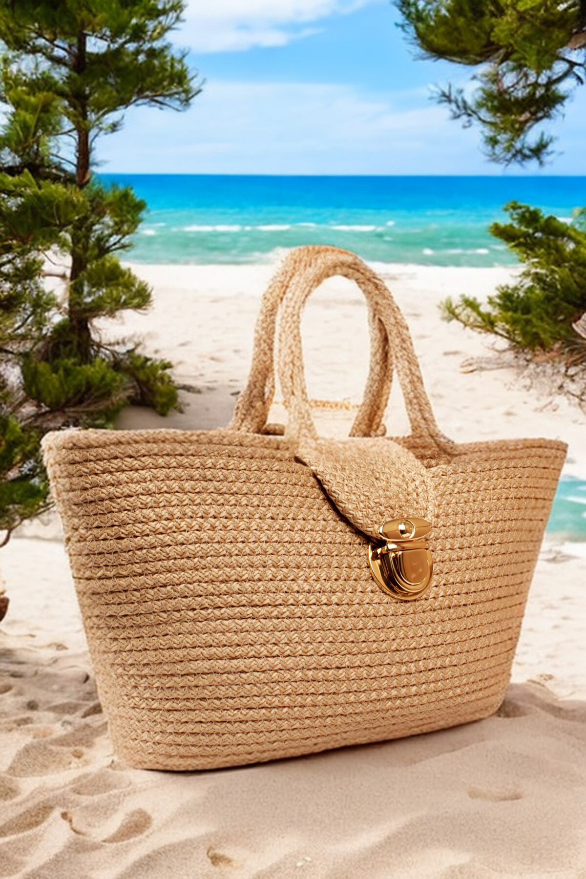 LWE1819-SyhMaviLuwwe Bag'sKadın Kilitli Kapak Orta Boy Dokuma Hasır Günlük ve Plaj Kol Çantası (1819)