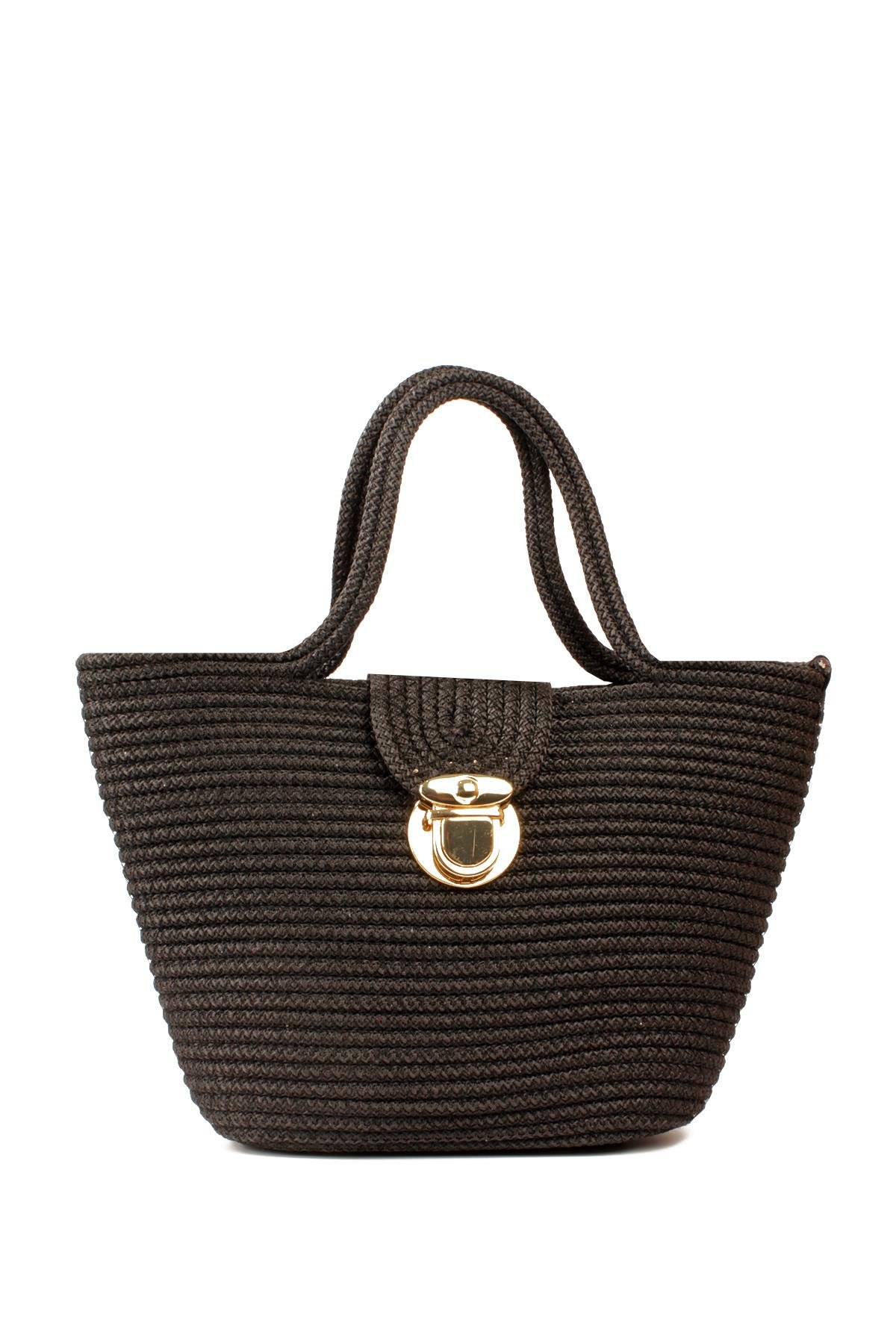 LWE1819-SyhMaviLuwwe Bag'sKadın Kilitli Kapak Orta Boy Dokuma Hasır Günlük ve Plaj Kol Çantası (1819)