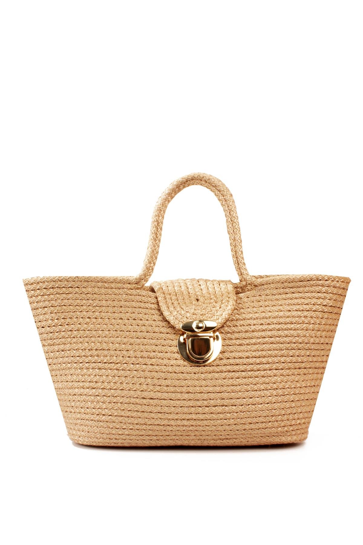 LWE1819-SyhMaviLuwwe Bag'sKadın Kilitli Kapak Orta Boy Dokuma Hasır Günlük ve Plaj Kol Çantası (1819)