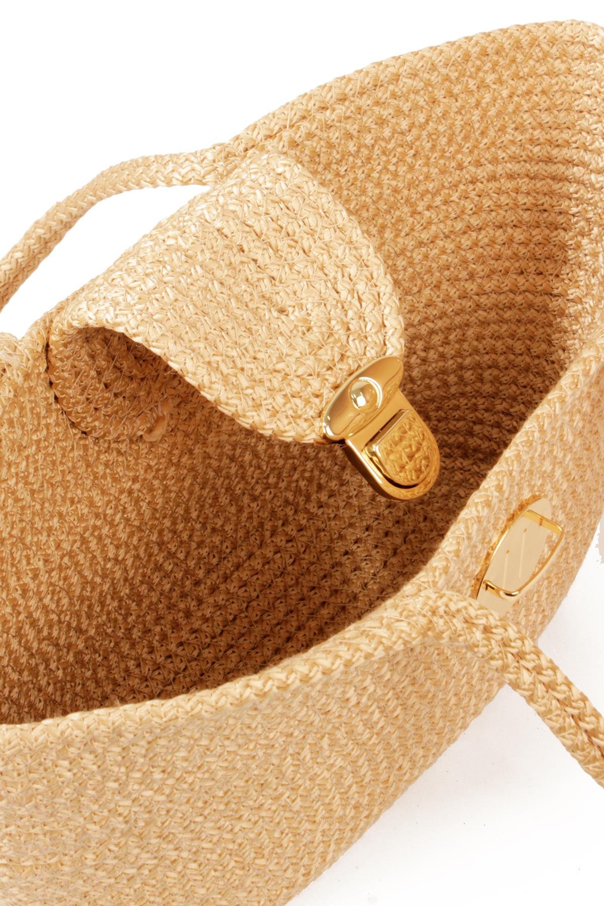 LWE1819-SyhMaviLuwwe Bag'sKadın Kilitli Kapak Orta Boy Dokuma Hasır Günlük ve Plaj Kol Çantası (1819)