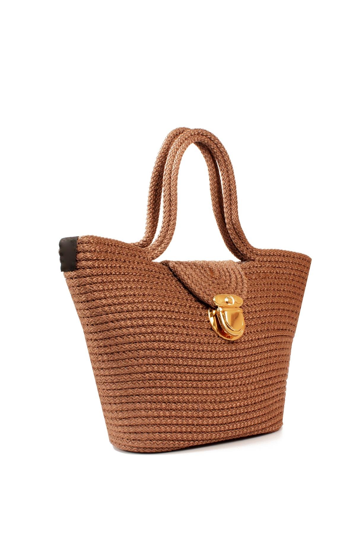 LWE1819-SyhMaviLuwwe Bag'sKadın Kilitli Kapak Orta Boy Dokuma Hasır Günlük ve Plaj Kol Çantası (1819)