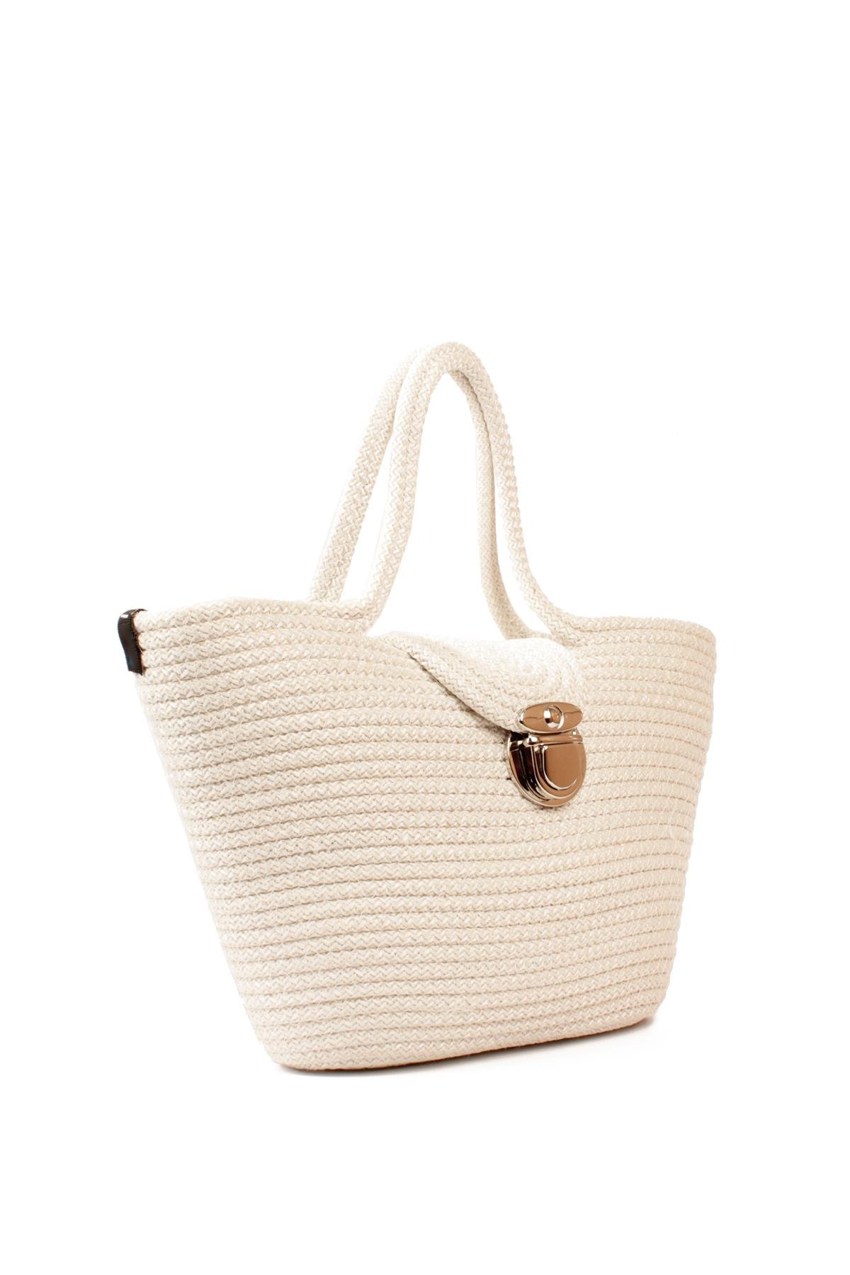 LWE1819-SyhMaviLuwwe Bag'sKadın Kilitli Kapak Orta Boy Dokuma Hasır Günlük ve Plaj Kol Çantası (1819)