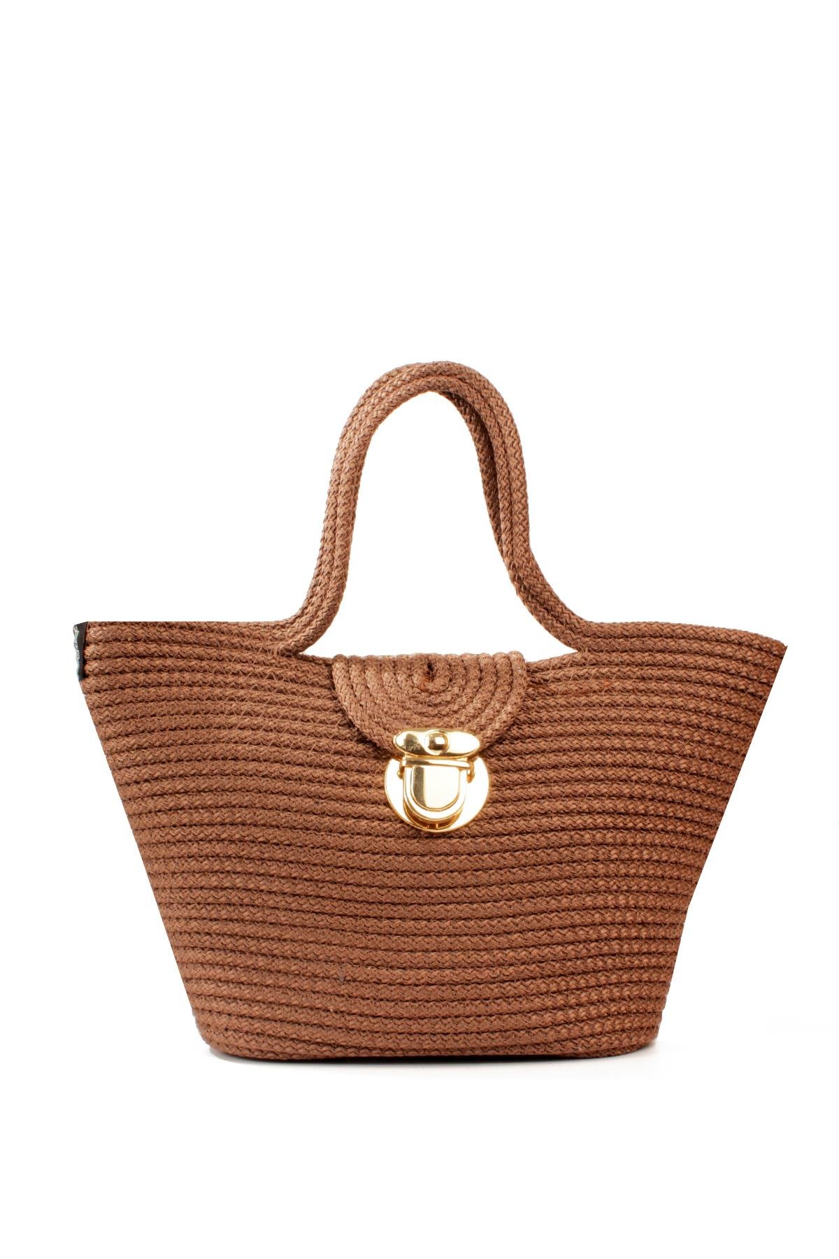 LWE1819-SyhMaviLuwwe Bag'sKadın Kilitli Kapak Orta Boy Dokuma Hasır Günlük ve Plaj Kol Çantası (1819)