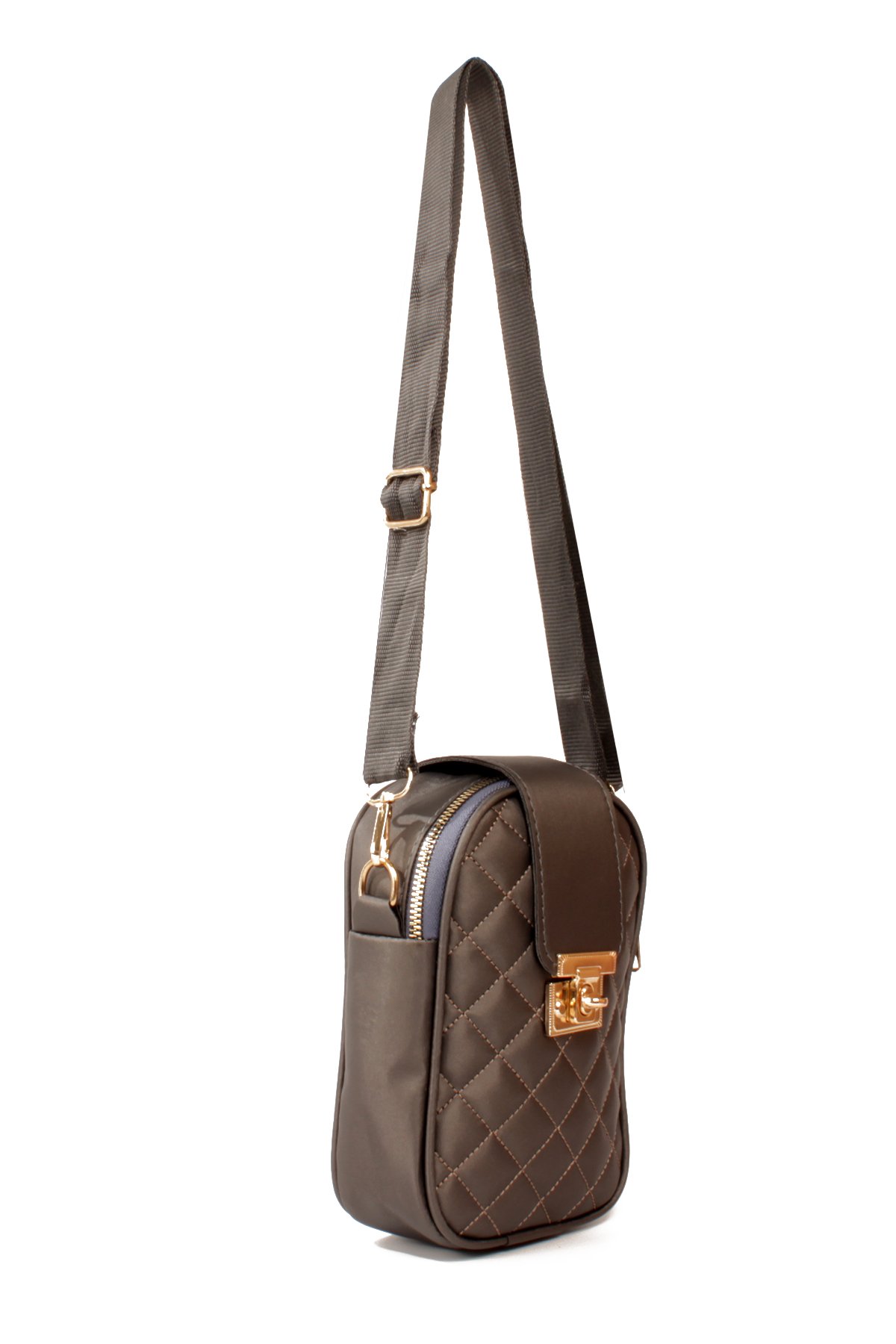 LWE20814-SyhTalhaLuwwe Bag'sKadın Saten Doku Fermuarlı ve Üst Kemer Kilitli Kolon Askılı Kapitoneli Telefon Omuz Çantası (20814)