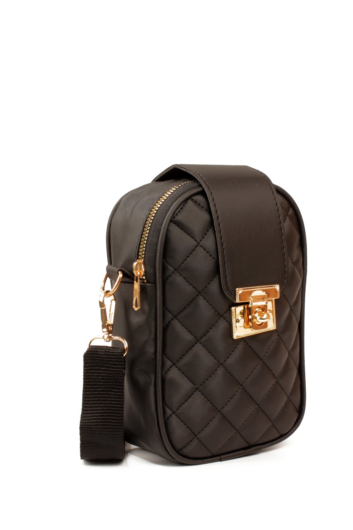 LWE20814-SyhTalhaLuwwe Bag'sKadın Saten Doku Fermuarlı ve Üst Kemer Kilitli Kolon Askılı Kapitoneli Telefon Omuz Çantası (20814)