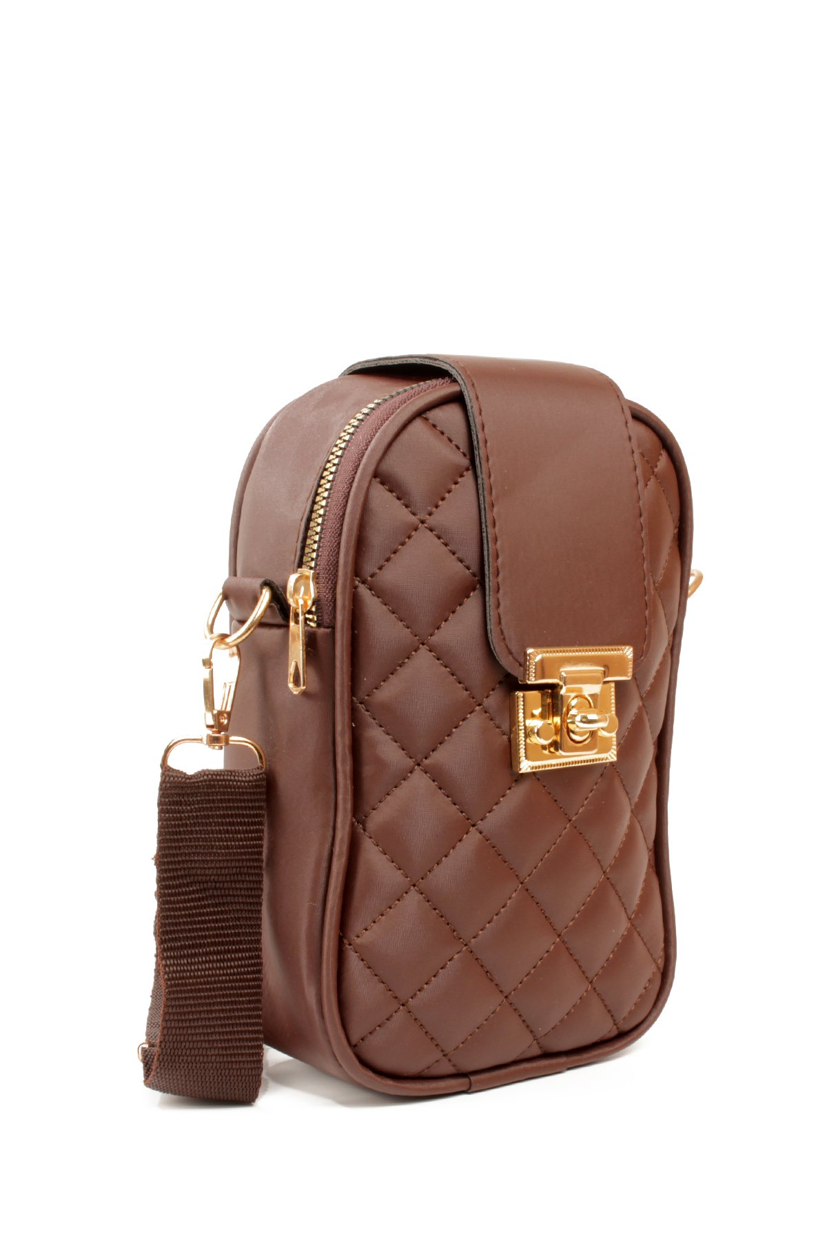 LWE20814-SyhTalhaLuwwe Bag'sKadın Saten Doku Fermuarlı ve Üst Kemer Kilitli Kolon Askılı Kapitoneli Telefon Omuz Çantası (20814)