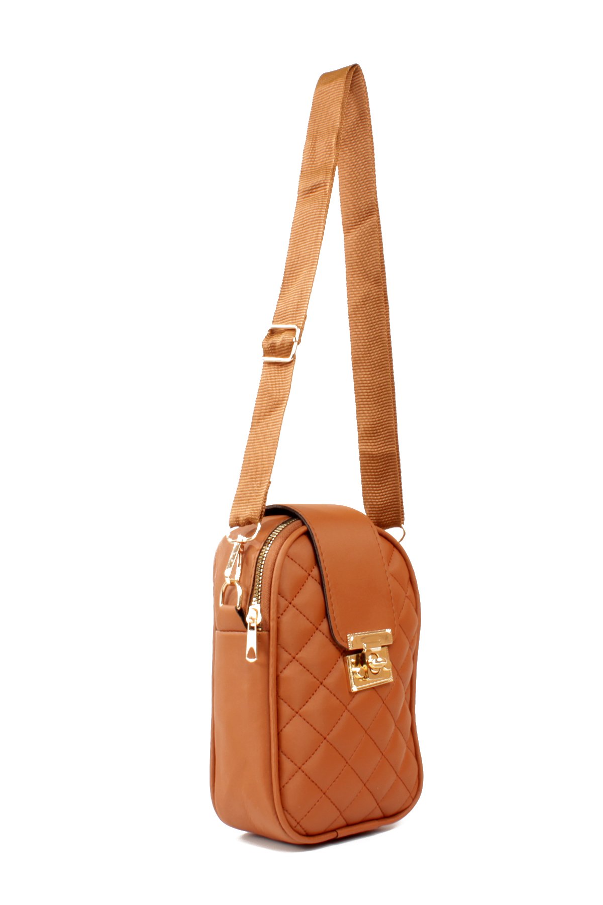 LWE20814-SyhTalhaLuwwe Bag'sKadın Saten Doku Fermuarlı ve Üst Kemer Kilitli Kolon Askılı Kapitoneli Telefon Omuz Çantası (20814)