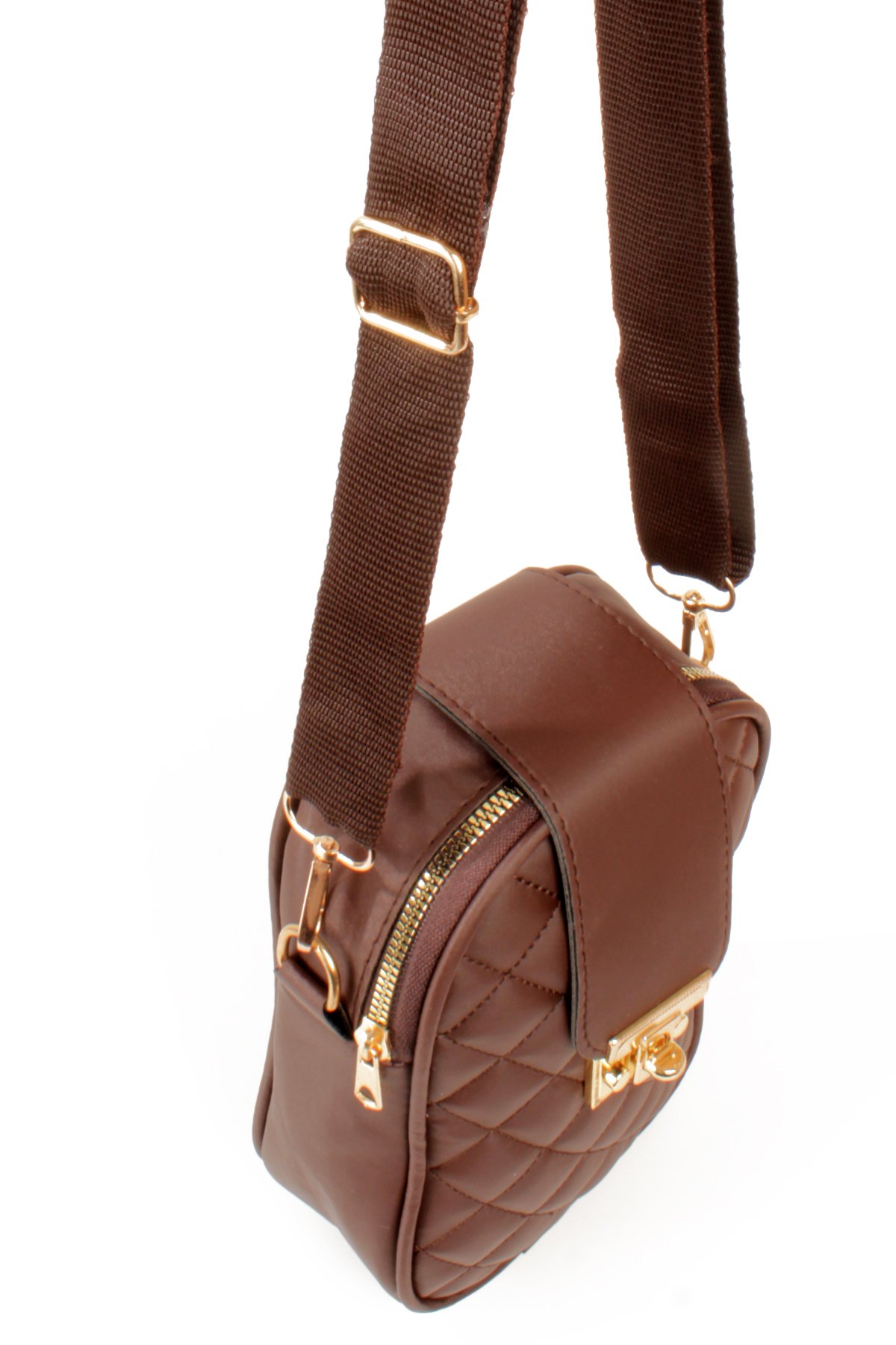 LWE20814-SyhTalhaLuwwe Bag'sKadın Saten Doku Fermuarlı ve Üst Kemer Kilitli Kolon Askılı Kapitoneli Telefon Omuz Çantası (20814)