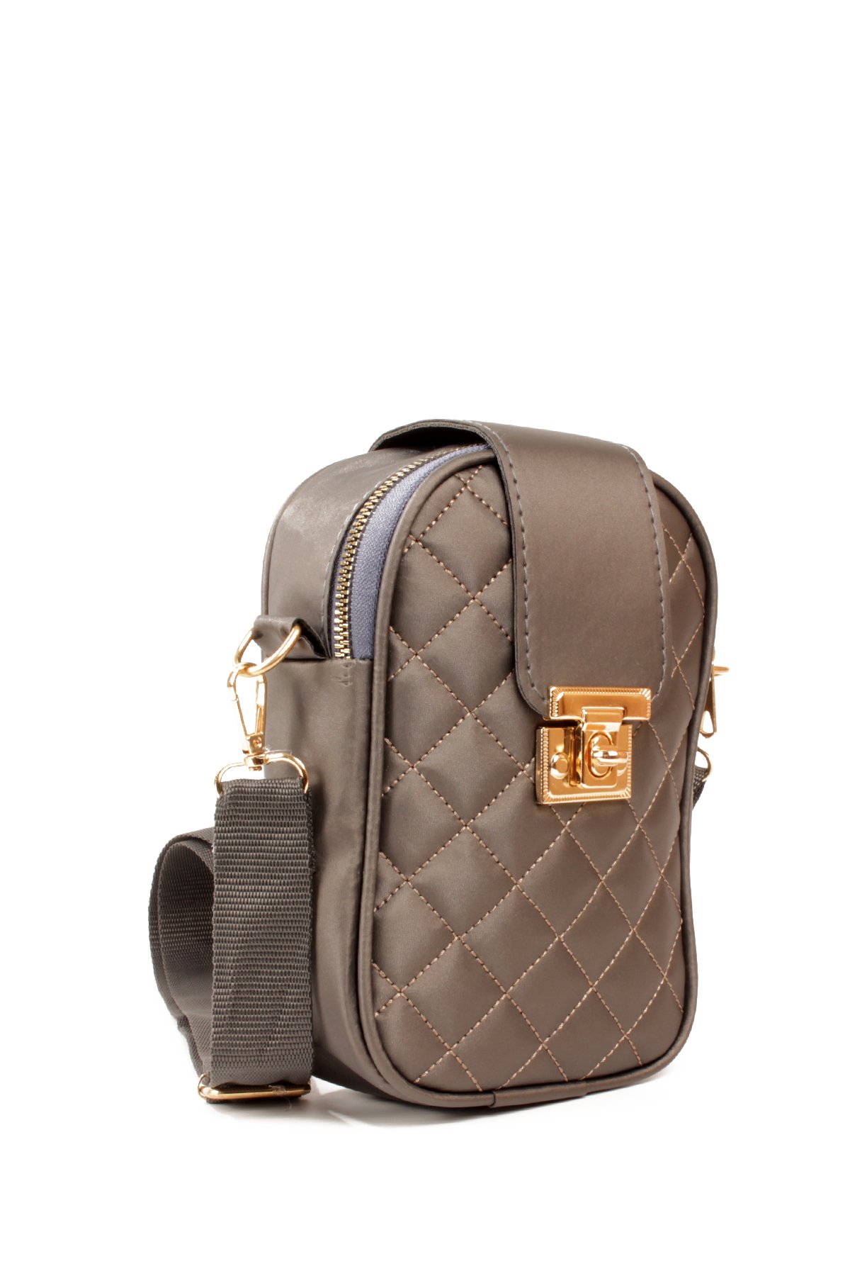 LWE20814-SyhTalhaLuwwe Bag'sKadın Saten Doku Fermuarlı ve Üst Kemer Kilitli Kolon Askılı Kapitoneli Telefon Omuz Çantası (20814)