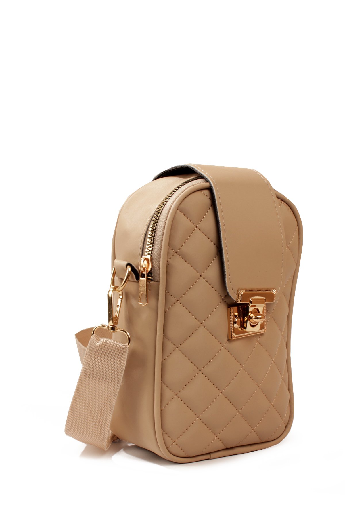 LWE20814-SyhTalhaLuwwe Bag'sKadın Saten Doku Fermuarlı ve Üst Kemer Kilitli Kolon Askılı Kapitoneli Telefon Omuz Çantası (20814)