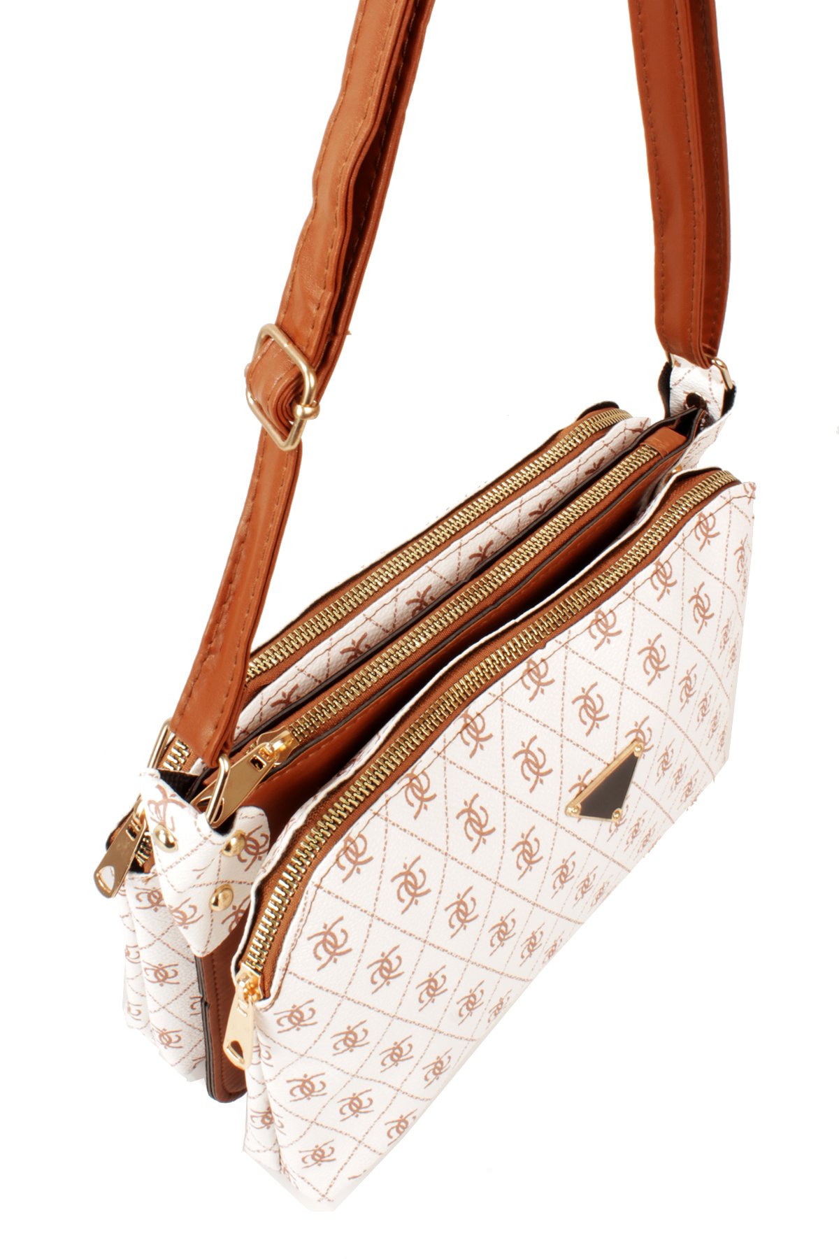 LWE1800-TBTalhaLuwwe Bag'sKadın Üç Bölmeli Fermuarlı Desenli Deri Logo Detaylı Omuz Çantası (1800)