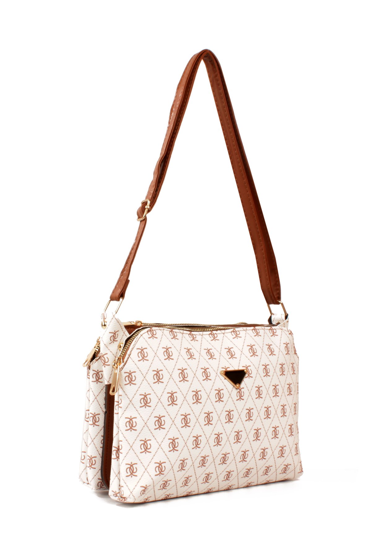 LWE1800-TBTalhaLuwwe Bag'sKadın Üç Bölmeli Fermuarlı Desenli Deri Logo Detaylı Omuz Çantası (1800)