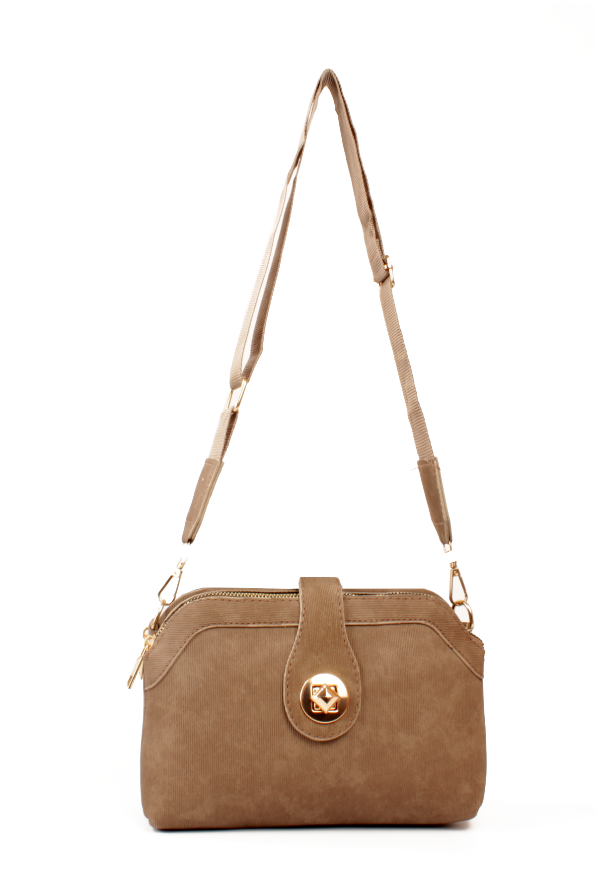 LWE1797-SyhMusabLuwwe Bag'sKadın Üç Bölmeli Fermuarlı ve Kilit Kapak Detaylı Nubuk Deri Omuz Çantası (1797)