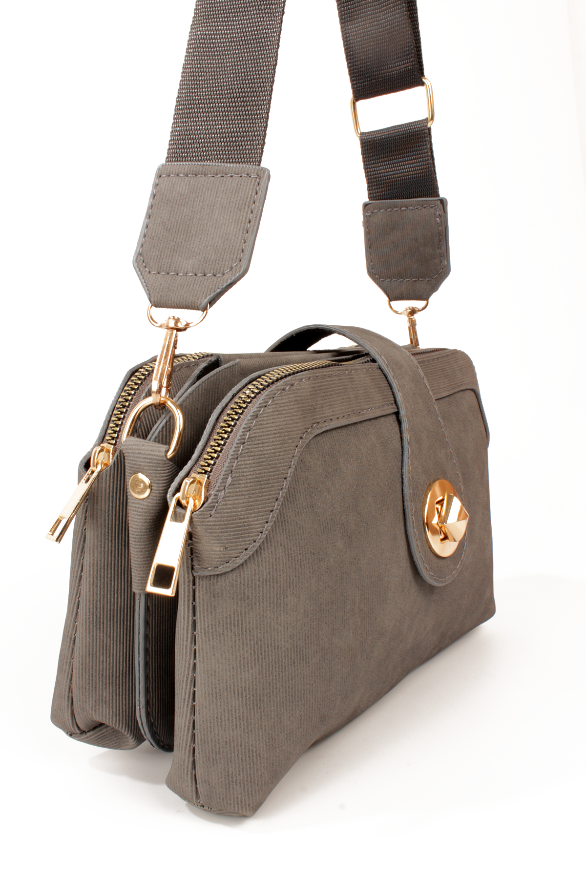 LWE1797-SyhMusabLuwwe Bag'sKadın Üç Bölmeli Fermuarlı ve Kilit Kapak Detaylı Nubuk Deri Omuz Çantası (1797)