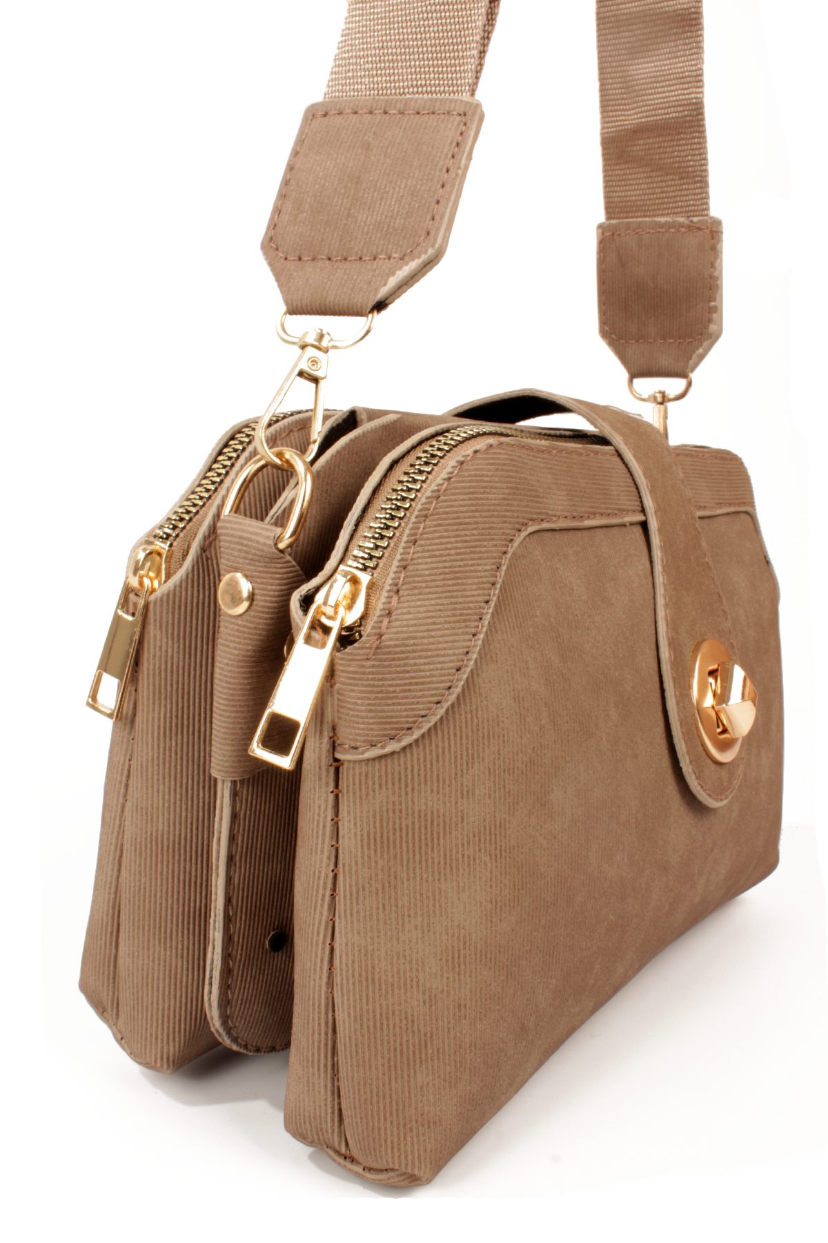 LWE1797-SyhMusabLuwwe Bag'sKadın Üç Bölmeli Fermuarlı ve Kilit Kapak Detaylı Nubuk Deri Omuz Çantası (1797)