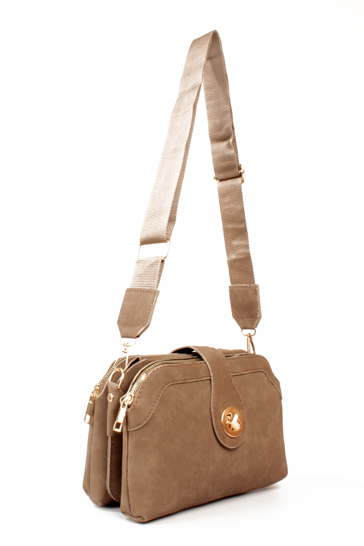 LWE1797-SyhMusabLuwwe Bag'sKadın Üç Bölmeli Fermuarlı ve Kilit Kapak Detaylı Nubuk Deri Omuz Çantası (1797)