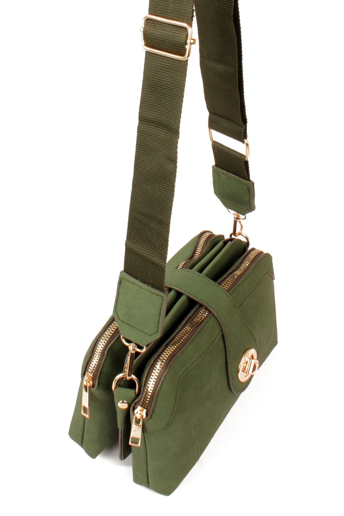 LWE1797-SyhMusabLuwwe Bag'sKadın Üç Bölmeli Fermuarlı ve Kilit Kapak Detaylı Nubuk Deri Omuz Çantası (1797)