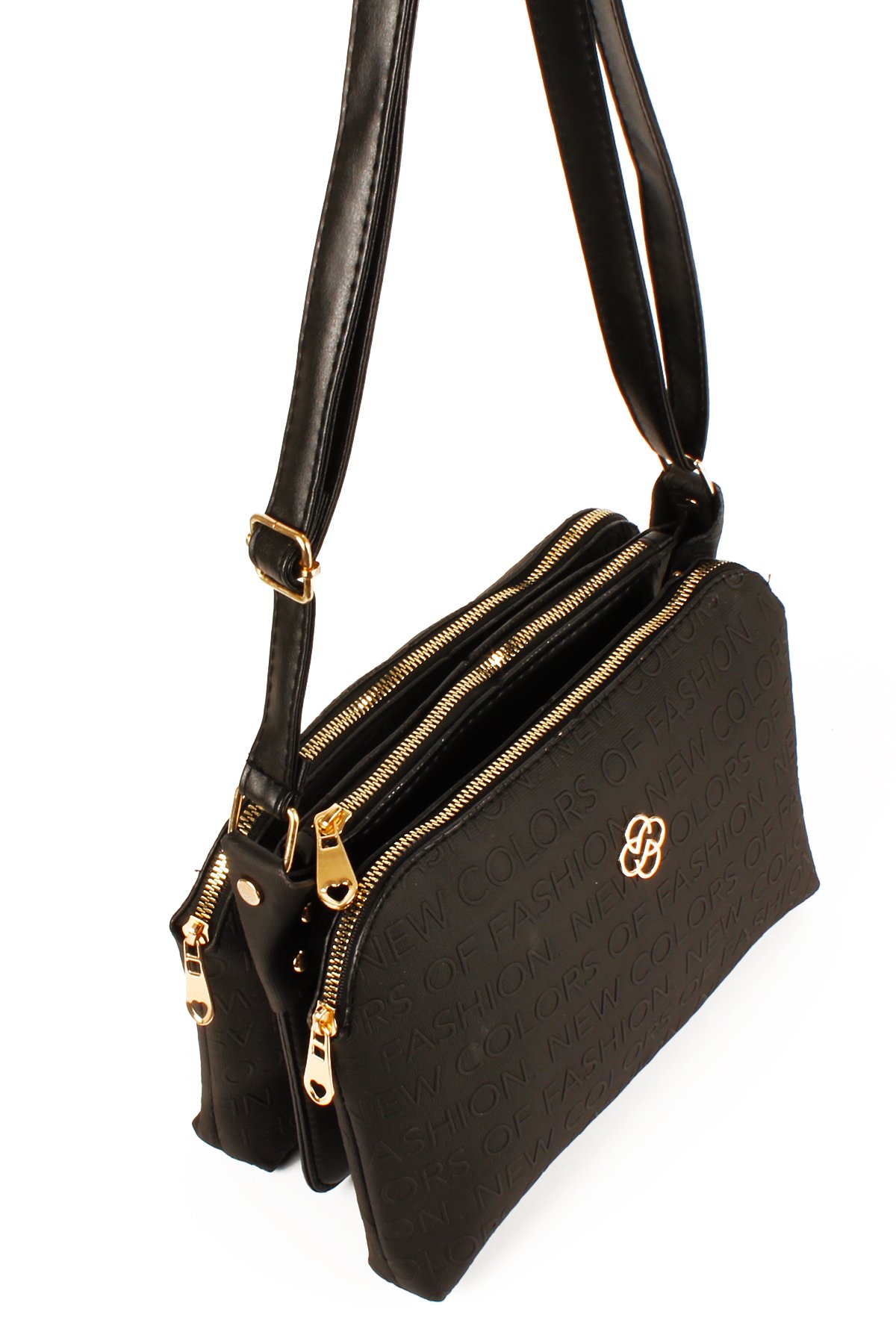 LWE1724-SyhTalhaLuwwe Bag'sKadın Üç Bölmeli Fermuarlı Yazı Detaylı Yoncalı Omuz Çantası (1724)