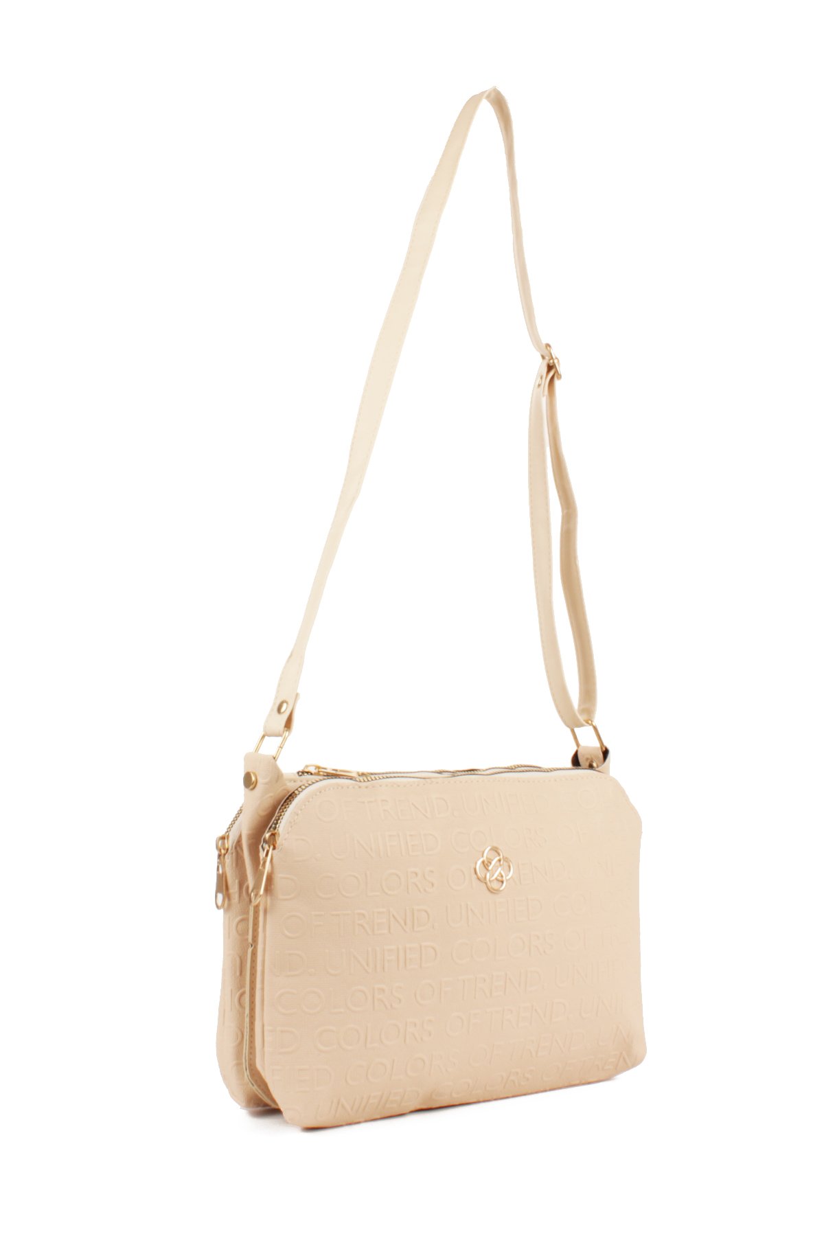 LWE1724-SyhLuwweBagsLuwwe Bag'sKadın Üç Bölmeli Fermuarlı Yazı Detaylı Yoncalı Omuz Çantası (1724)