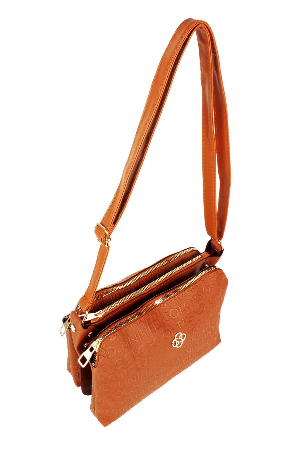 LWE1724-SyhLuwweBagsLuwwe Bag'sKadın Üç Bölmeli Fermuarlı Yazı Detaylı Yoncalı Omuz Çantası (1724)