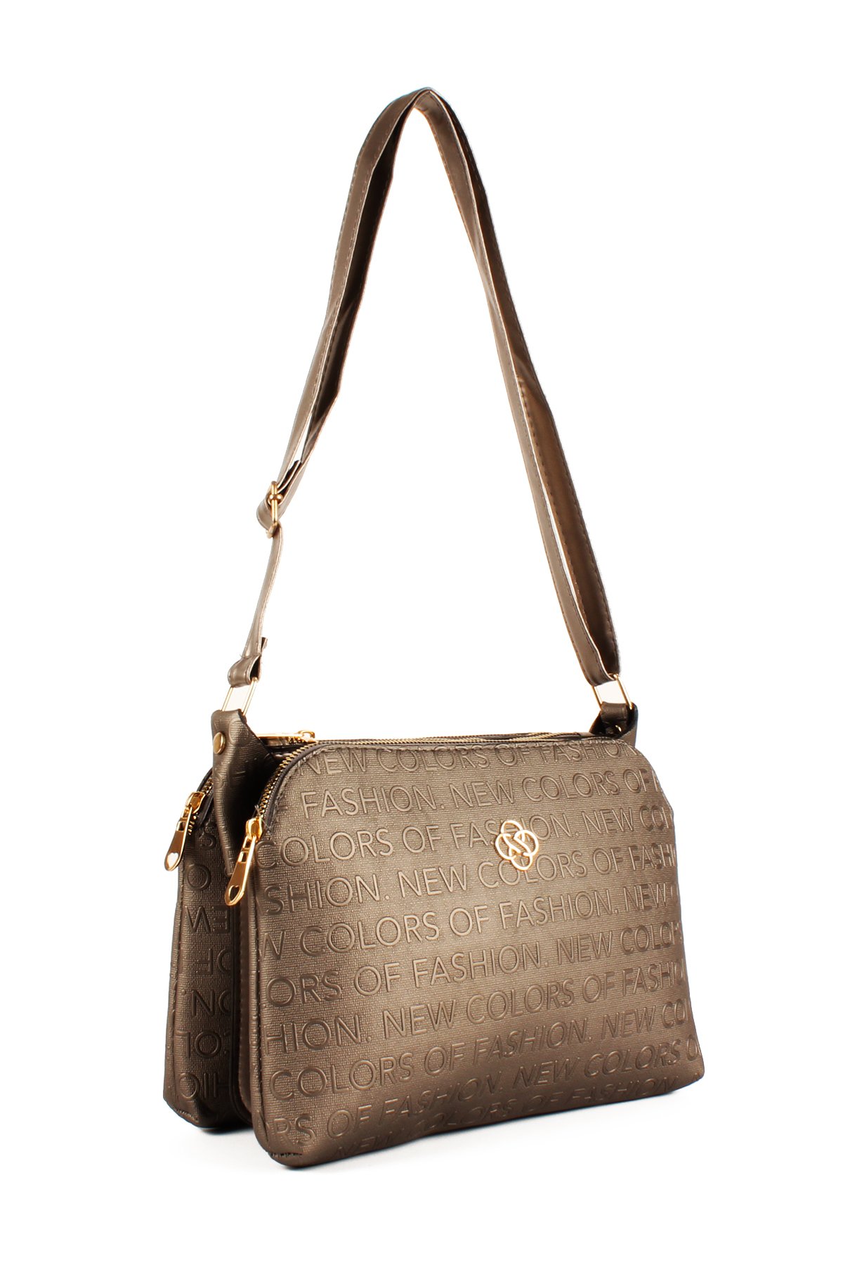 LWE1724-SyhTalhaLuwwe Bag'sKadın Üç Bölmeli Fermuarlı Yazı Detaylı Yoncalı Omuz Çantası (1724)