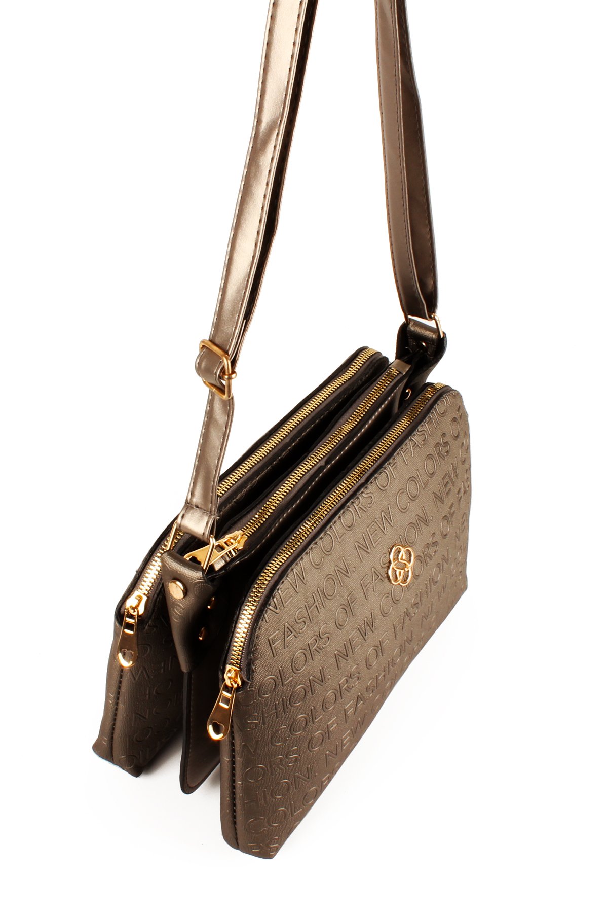 LWE1724-SyhTalhaLuwwe Bag'sKadın Üç Bölmeli Fermuarlı Yazı Detaylı Yoncalı Omuz Çantası (1724)