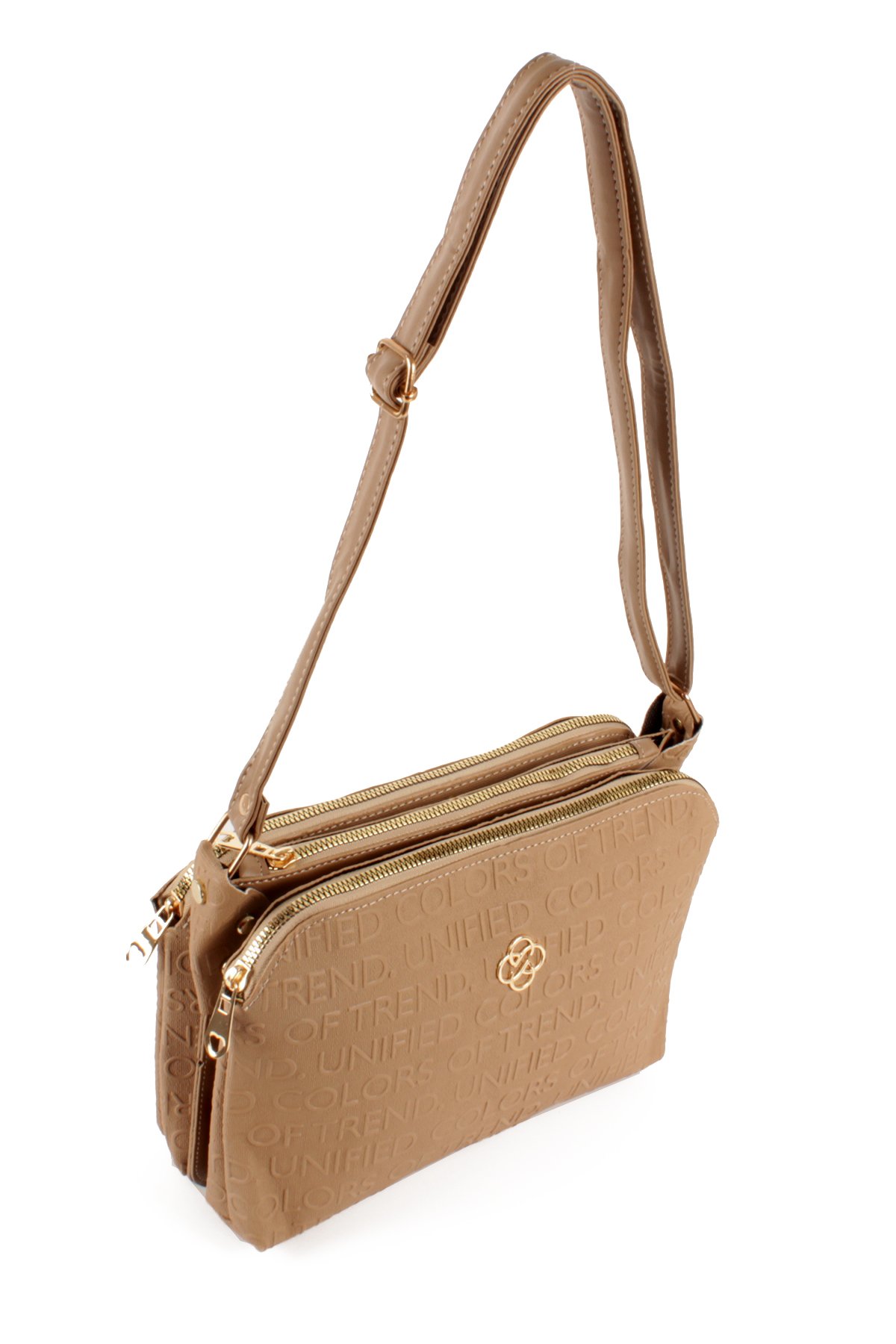 LWE1724-SyhTalhaLuwwe Bag'sKadın Üç Bölmeli Fermuarlı Yazı Detaylı Yoncalı Omuz Çantası (1724)