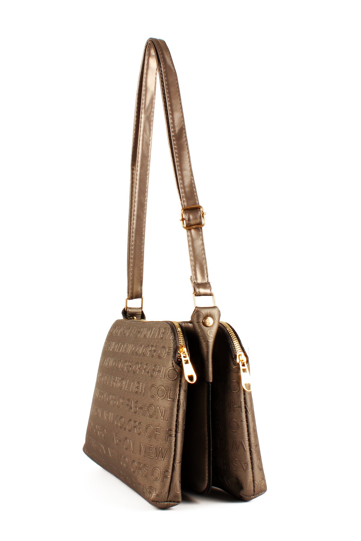 LWE1724-SyhTalhaLuwwe Bag'sKadın Üç Bölmeli Fermuarlı Yazı Detaylı Yoncalı Omuz Çantası (1724)