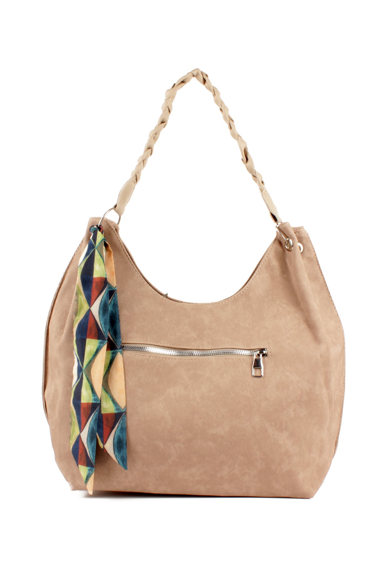 LWE1775-SyhTalhaLuwwe Bag'sKadın Vegan Nubuk Deri Salaş Tarz Örgü Askılı Fularlı Dış Cepli Fermuar Kapamalı Tote Çanta (1775)